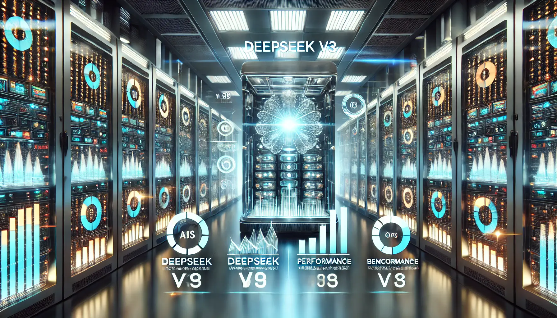 A high-tech AI system with glowing performance indicators displayed as holographic metrics, comparing different AI models in a futuristic data center filled with dynamic graphs.