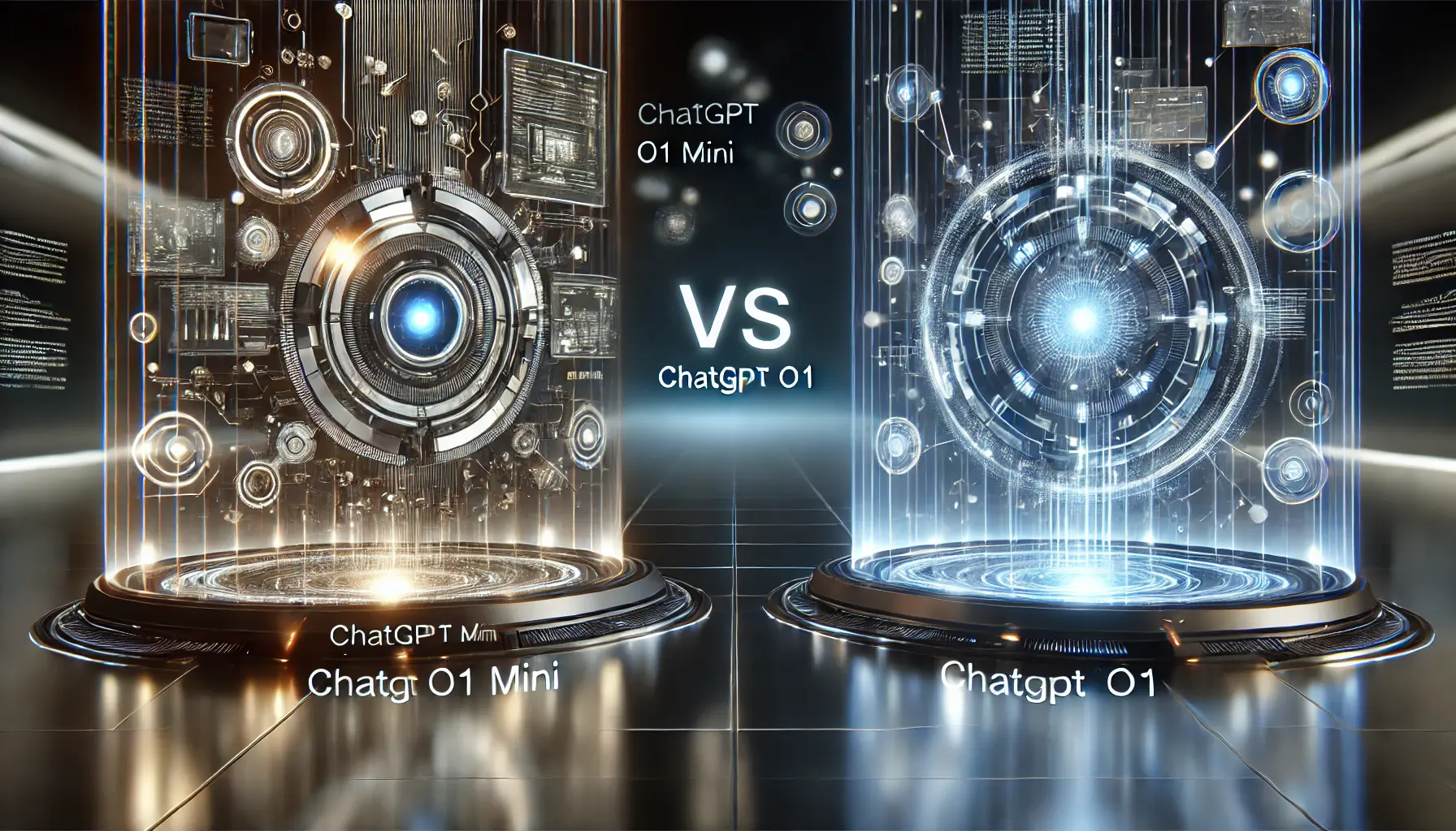 A comparison of ChatGPT o1 mini and ChatGPT o1, featuring two distinct AI interfaces connected by glowing data streams, highlighting their differences in design and complexity.