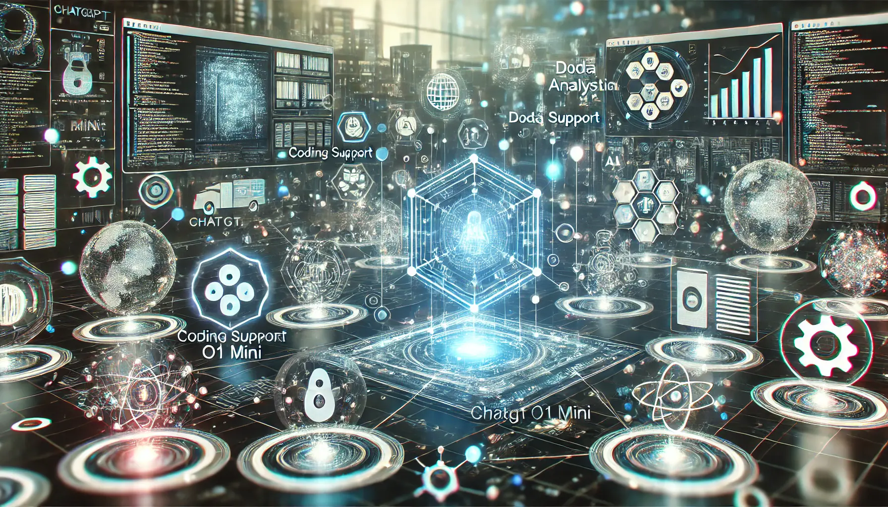 A digital scene showcasing multiple holographic interfaces representing diverse applications like coding support, data analysis, and education, all interconnected with data streams and AI nodes.