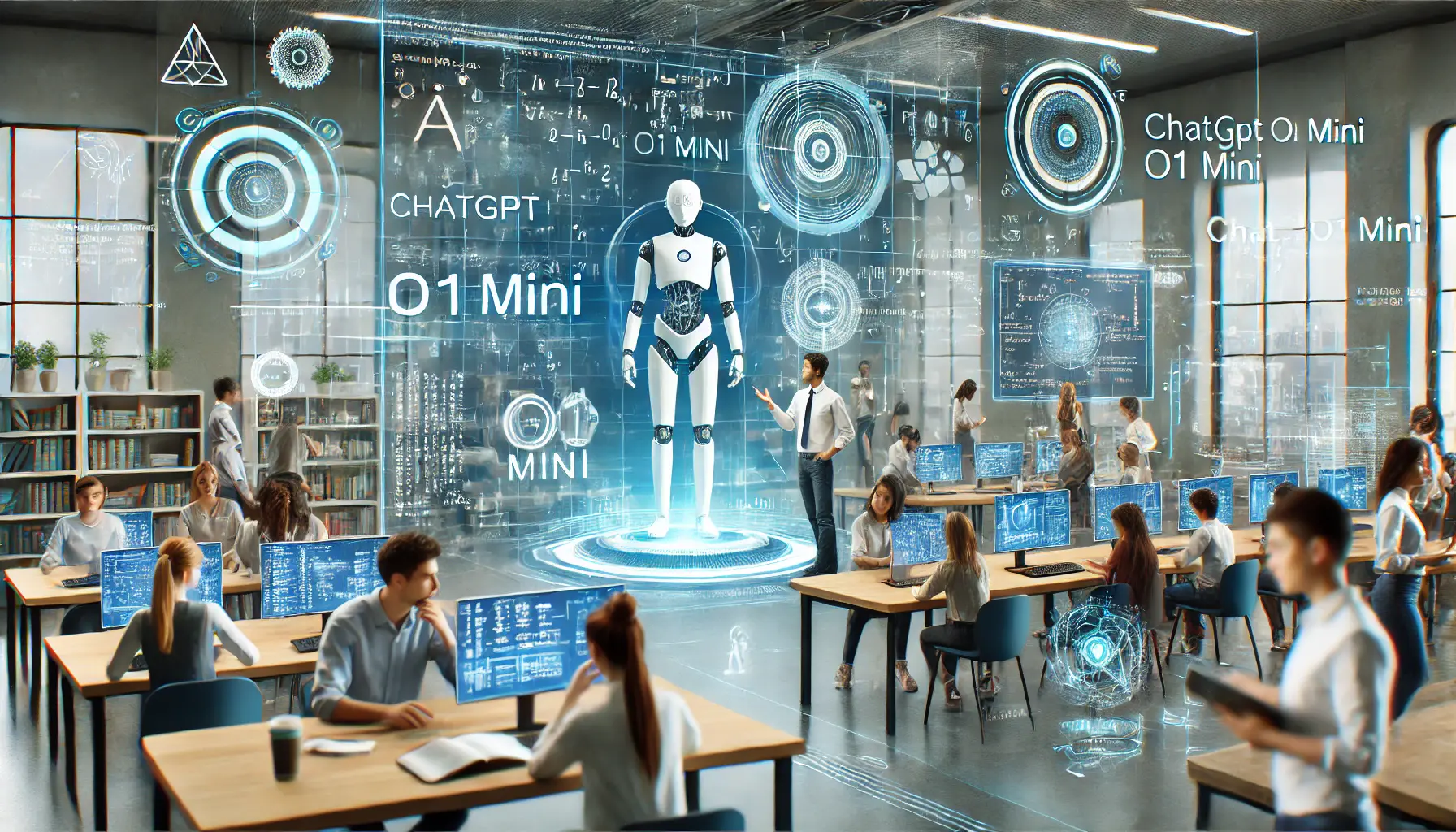 Students and educators interacting with holographic AI interfaces in a classroom, with displays of equations, coding, and educational materials.