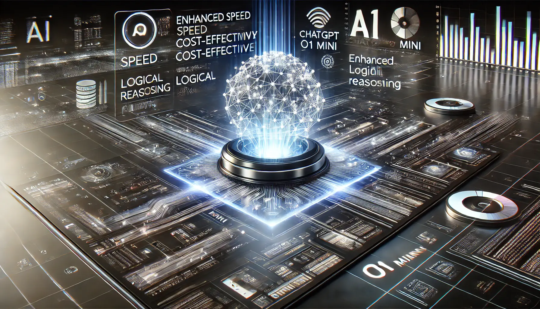 A high-tech digital representation of ChatGPT o1 Mini, with interconnected glowing nodes and holographic UI elements symbolizing AI efficiency, speed, and optimized performance.