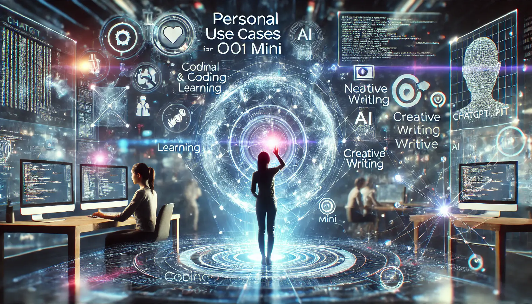 An individual interacting with a holographic interface for personal tasks like coding, learning, and creative writing, surrounded by glowing data and neural network patterns.