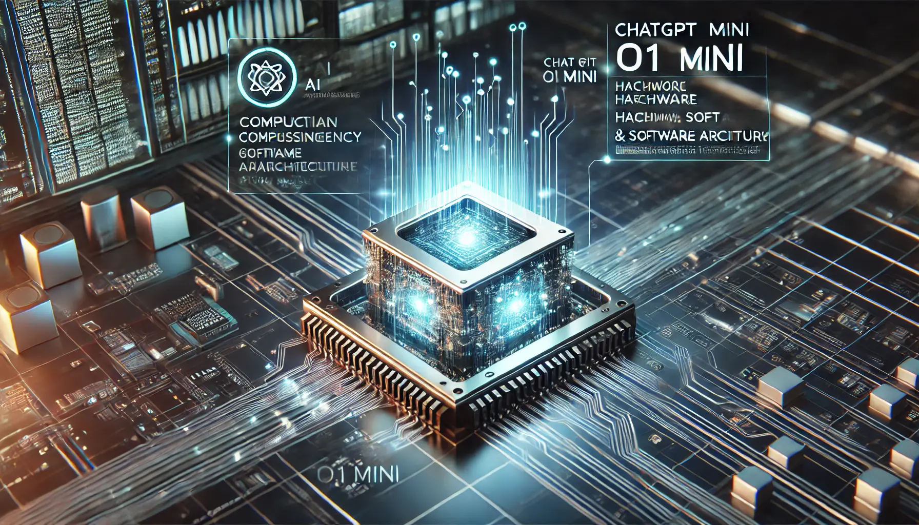 A high-tech AI processing unit with glowing circuit-like patterns and a holographic interface displaying data streams, representing hardware, software capabilities, and performance metrics.