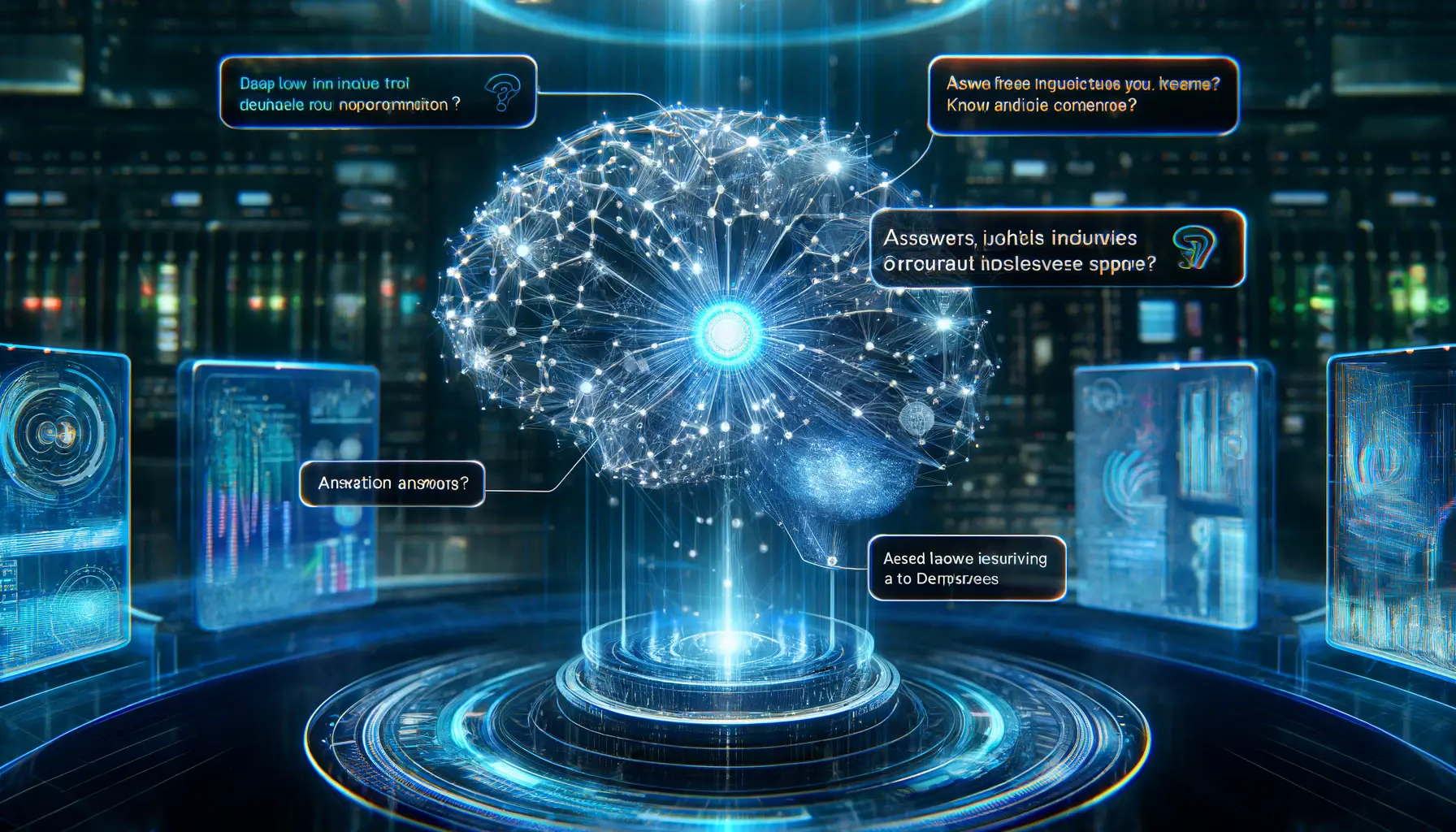 A glowing neural network with dynamic data streams flowing through interconnected nodes, with holographic interfaces displaying interactive data points representing AI responses to user inquiries.