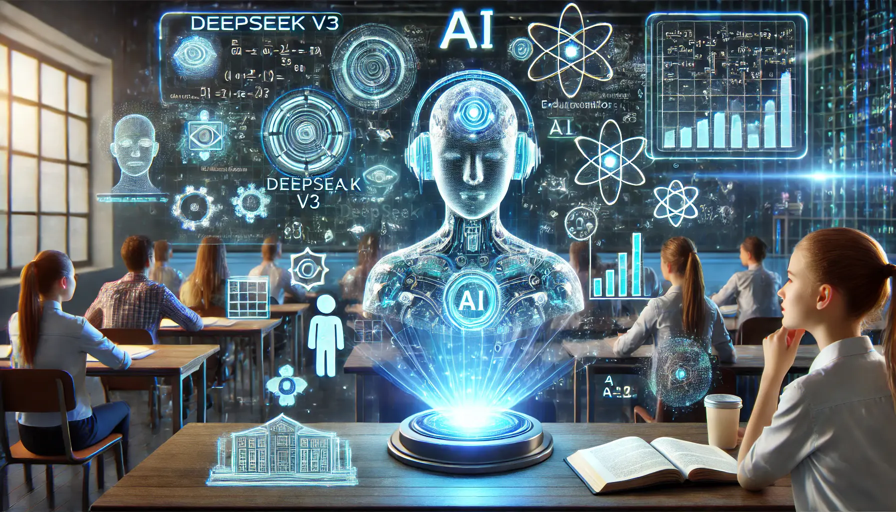 A glowing AI interface with interactive holographic educational tools, including digital books and scientific formulas, in a high-tech classroom setting with an AI-driven learning assistant.