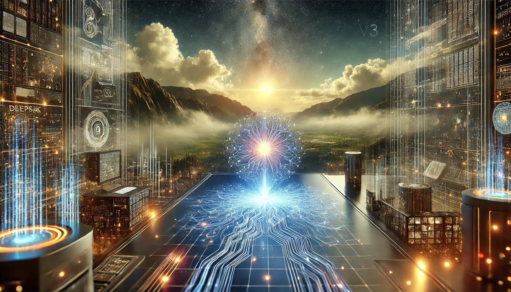 A serene, high-tech setting with a glowing neural network at the center, data streams converging into a central point, and a peaceful futuristic landscape in the background.