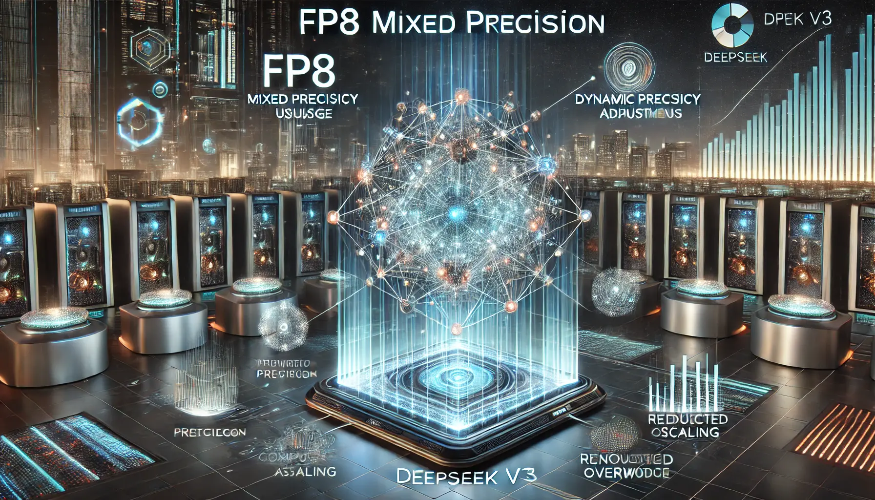 A high-tech AI visualization featuring an advanced neural network optimizing memory usage with dynamic precision adjustments, glowing data nodes with varying intensity, and a sleek holographic interface highlighting precision scaling.