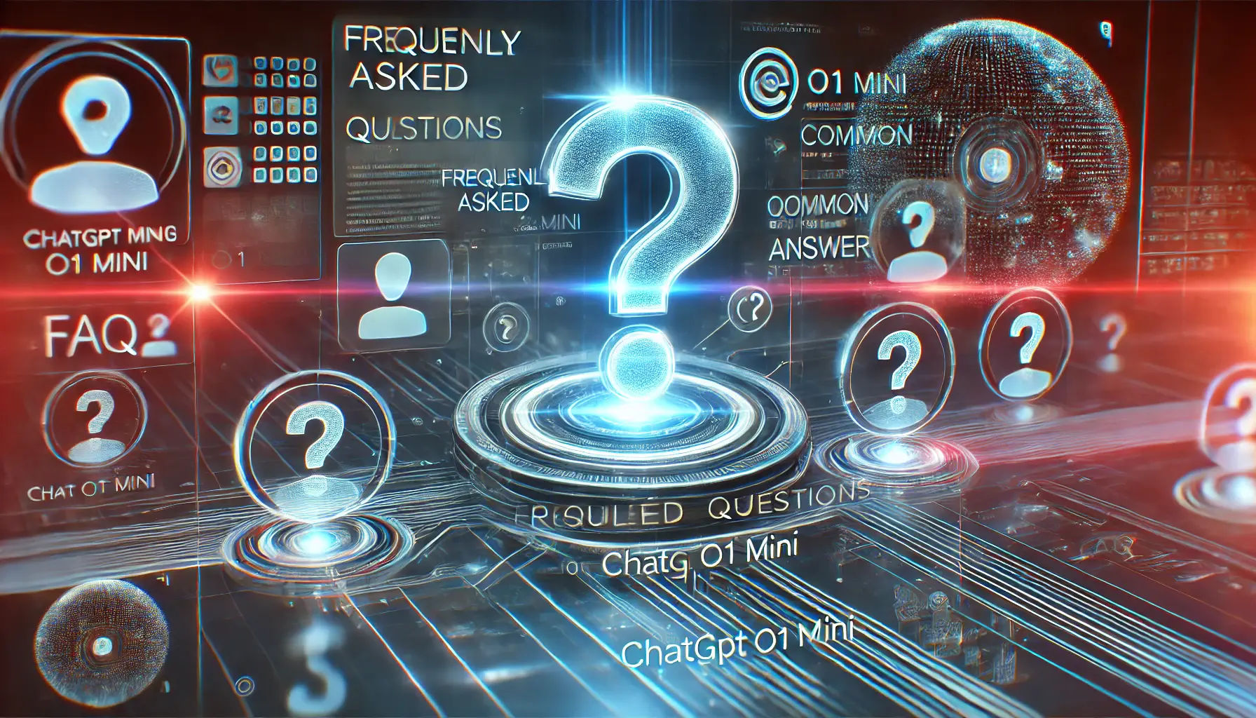 A sleek, holographic interface displaying question and answer icons, symbolizing common queries about ChatGPT o1 Mini, surrounded by glowing nodes and data streams.