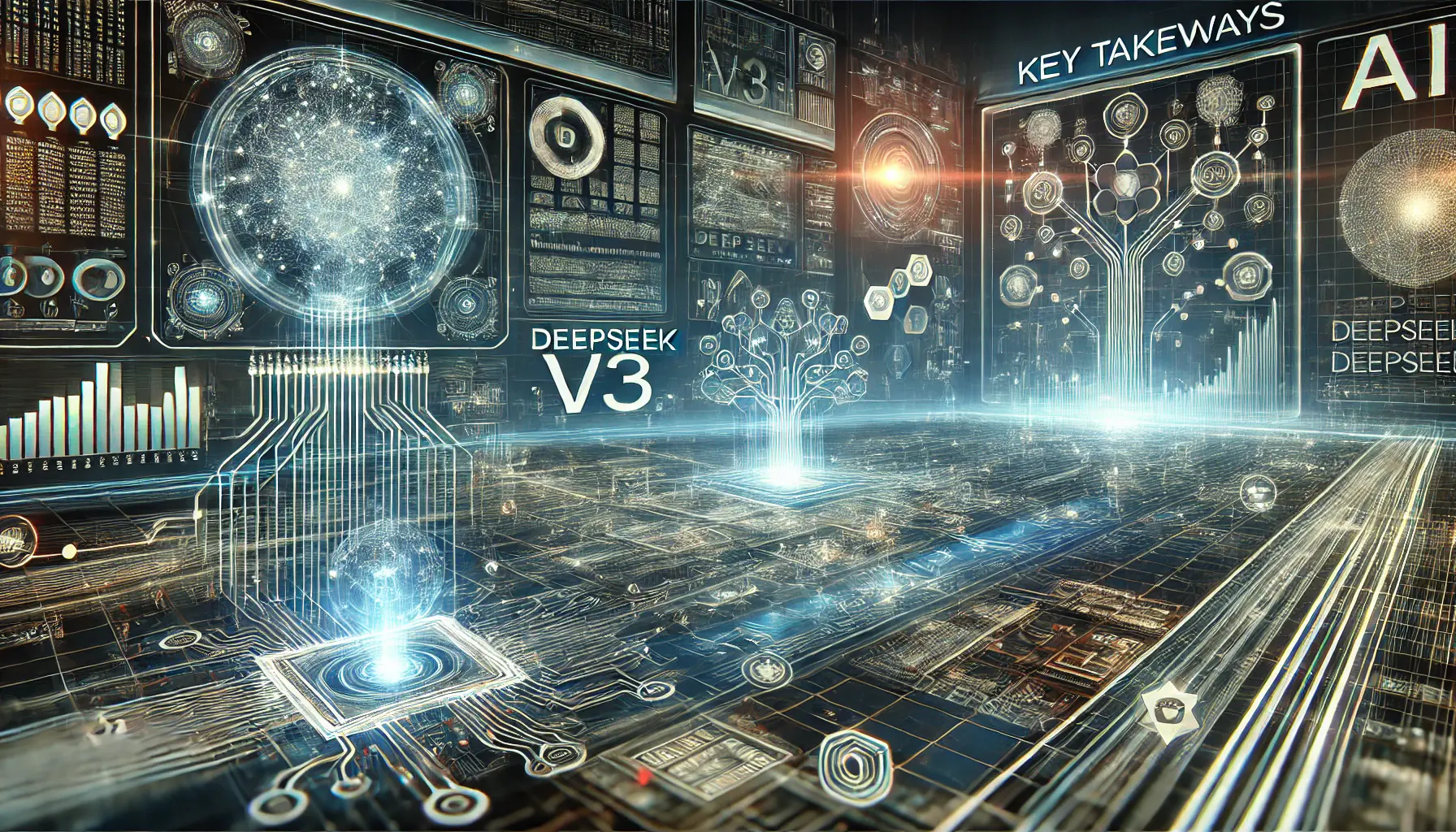 A high-tech AI interface with glowing neural networks processing complex data streams, representing key innovations and insights from DeepSeek v3.