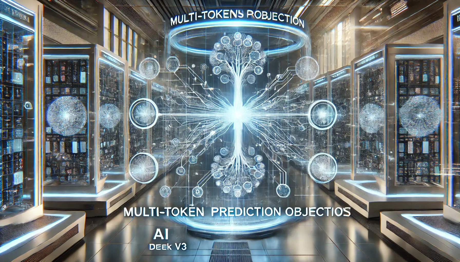 A high-tech AI visualization featuring a neural network processing multiple tokens simultaneously, with glowing data streams branching out in parallel and a sleek holographic interface showcasing real-time AI-driven predictions.