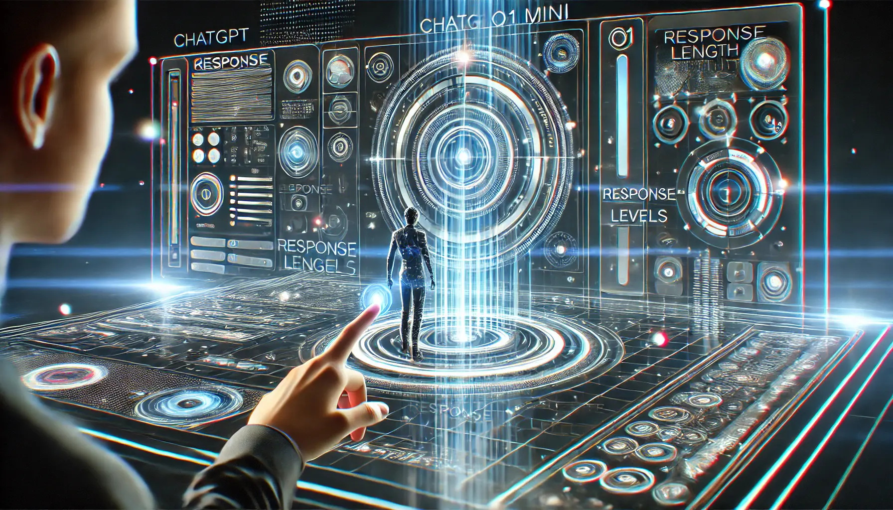 A user interacting with a holographic interface, adjusting settings and navigating through customization options like response length and creativity levels.