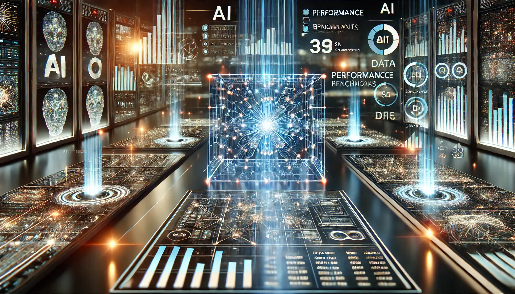 A high-tech AI visualization featuring glowing nodes representing different AI models, interconnected by pathways and showcasing performance metrics with holographic graphs in the background.