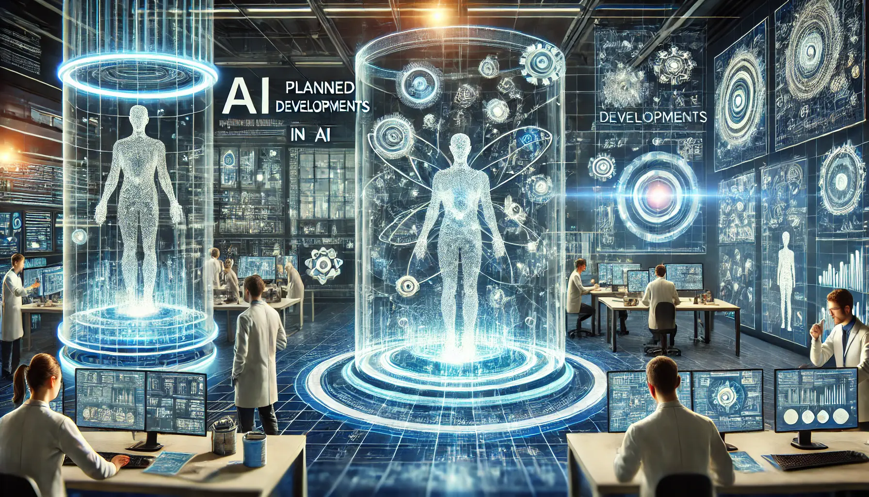 A high-tech lab with advanced AI models being developed and tested, with holographic data streams representing ongoing AI optimization and innovation.