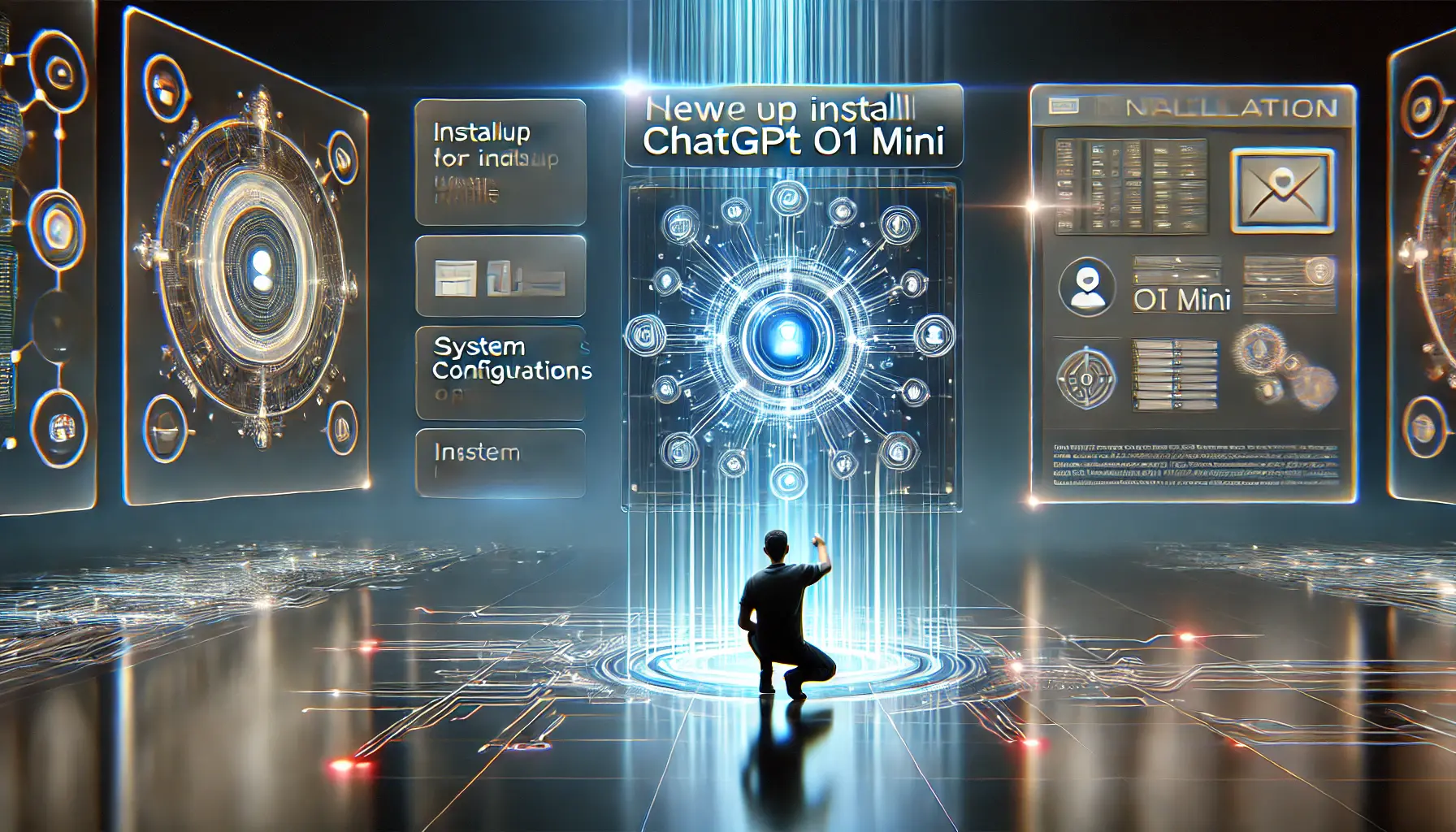 A user interacting with a high-tech interface during the setup and installation process of ChatGPT o1 Mini, with glowing data streams and holographic elements.