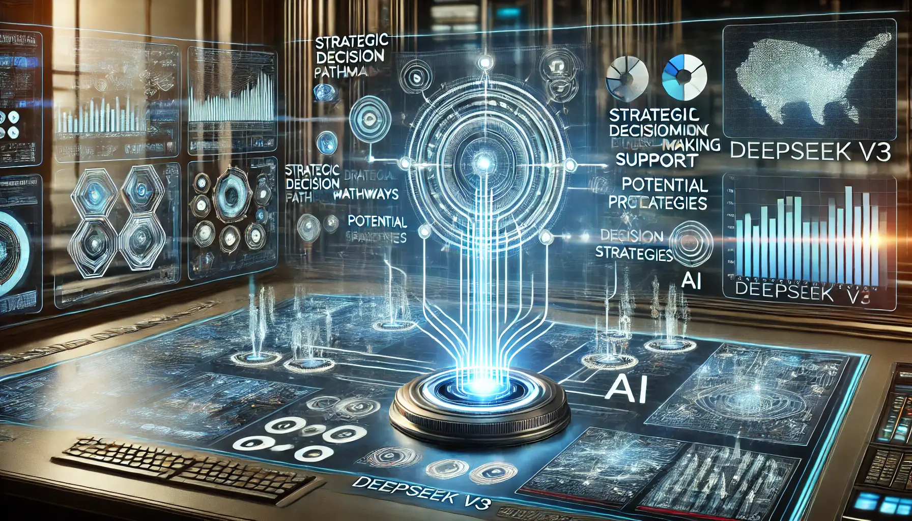 A high-tech AI interface showcasing multiple decision pathways and strategies, with glowing data streams representing data analysis and business scenario predictions in a futuristic control room.