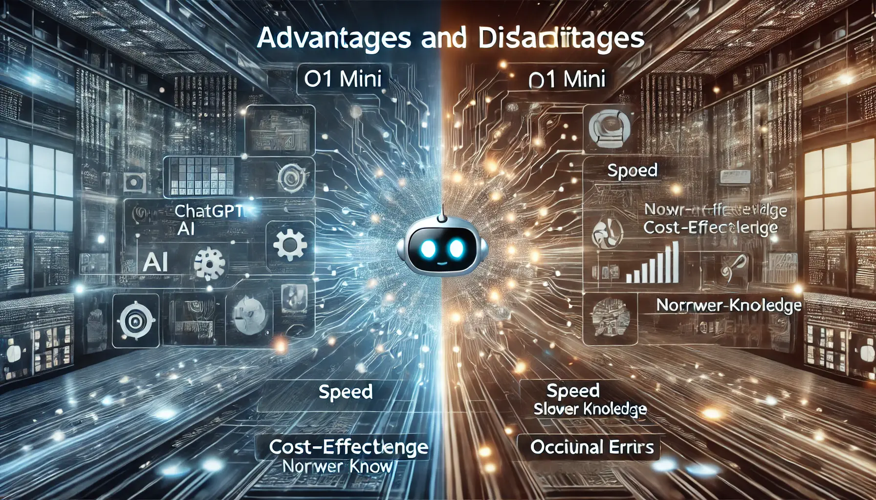 A split digital scene showing the advantages and disadvantages of ChatGPT o1 Mini, with efficient AI features on one side and limitations on the other.