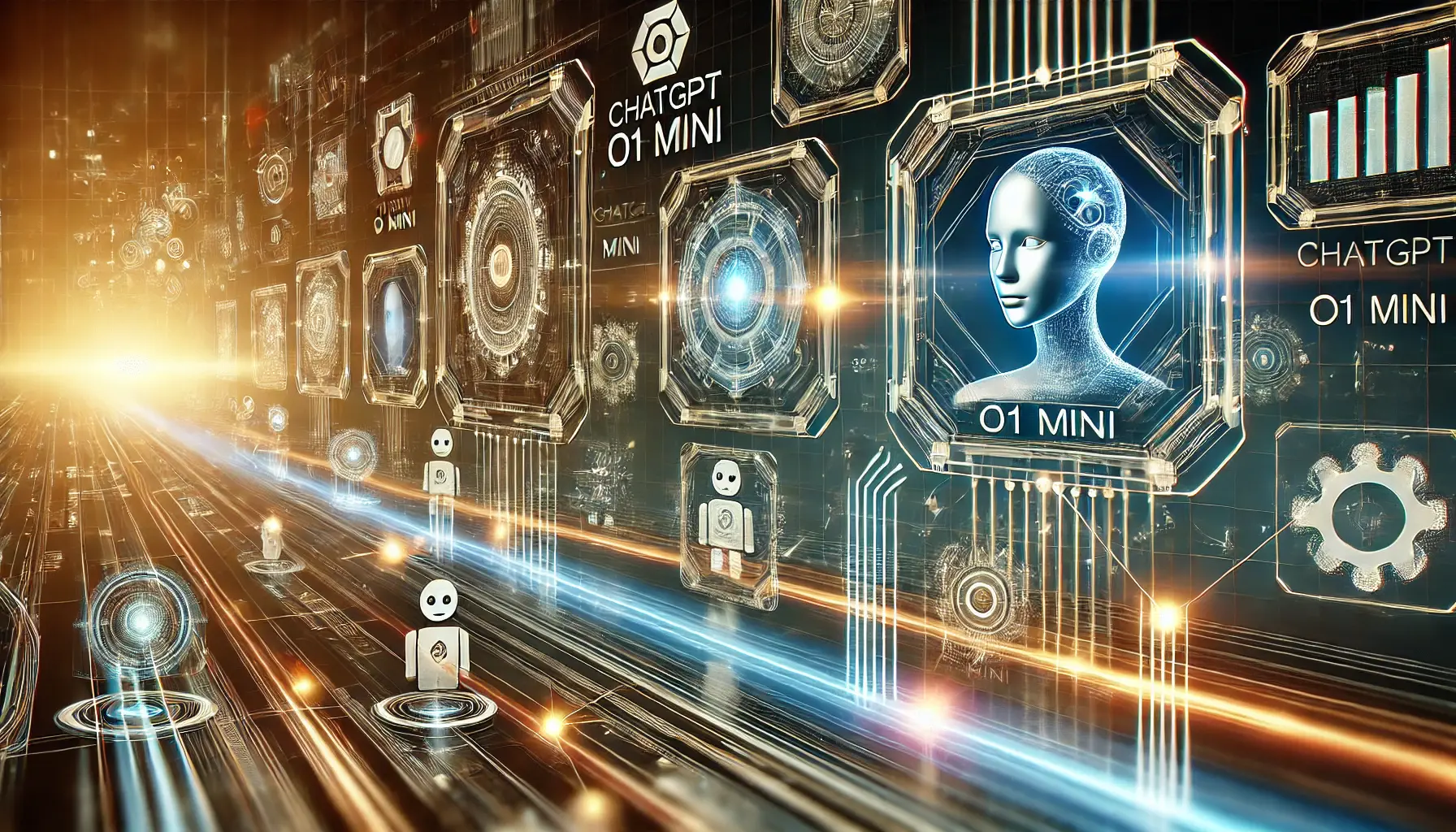 Multiple AI interfaces representing different models, connected by glowing data streams, showcasing the comparison of performance and efficiency between ChatGPT o1 mini and other models.