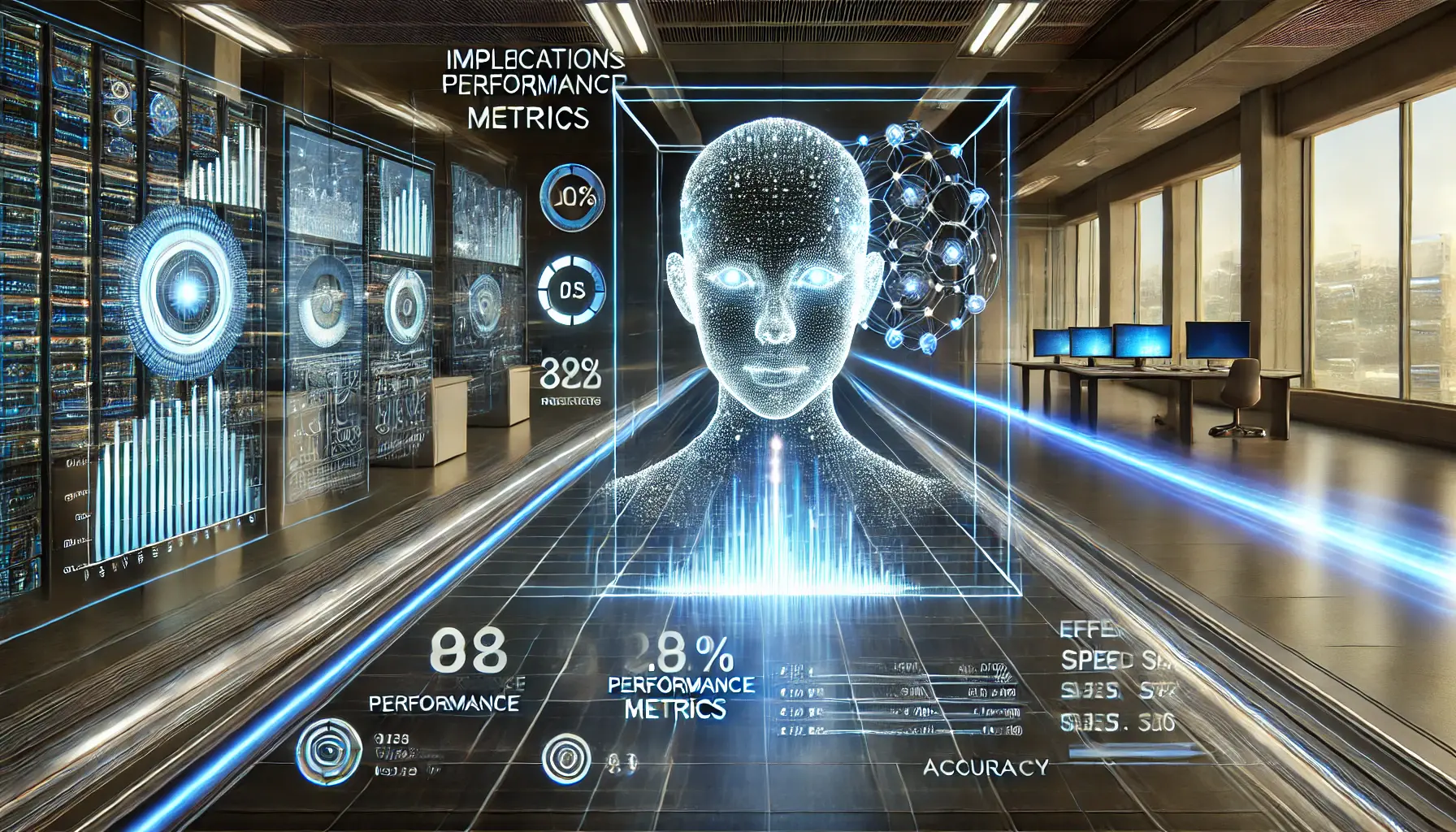 A high-tech digital interface featuring glowing holographic performance graphs and metrics, showcasing the analysis of AI model performance with interconnected data nodes and smooth data streams.