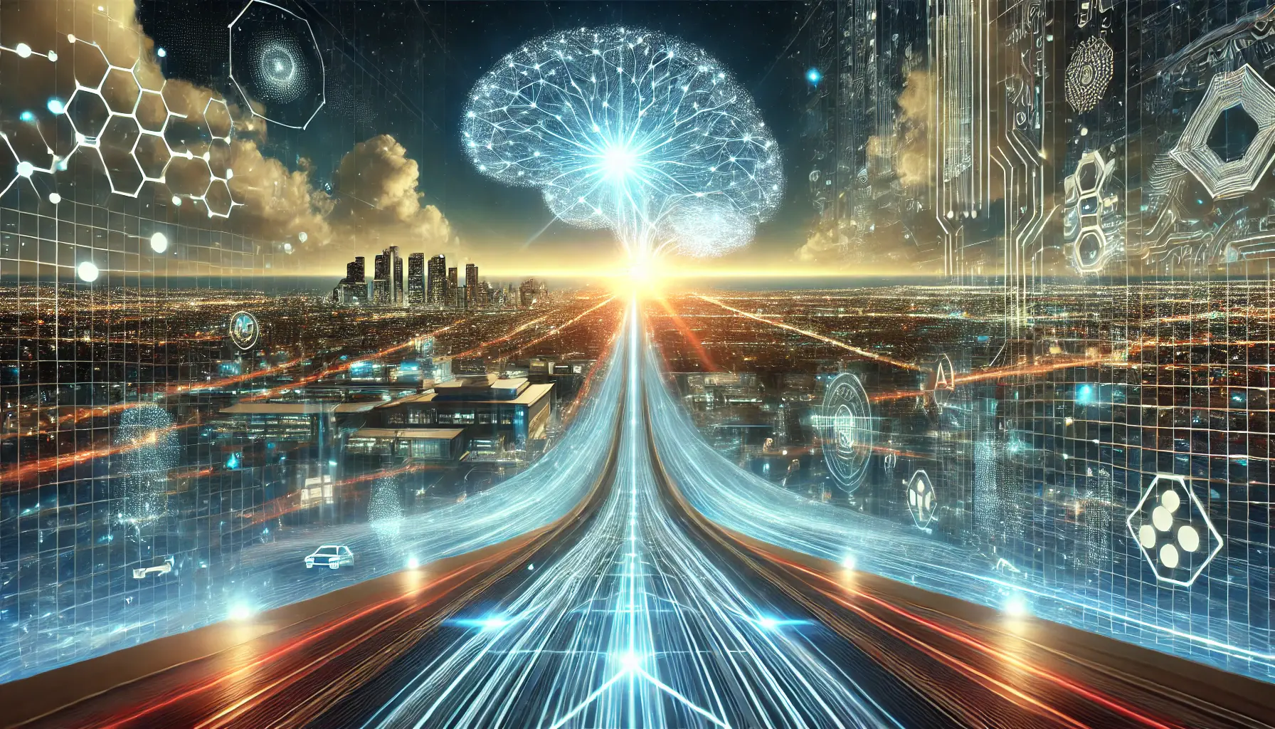 A glowing neural network expanding into the distance with holographic pathways and data streams leading towards a high-tech AI research facility, symbolizing the future of AI development.