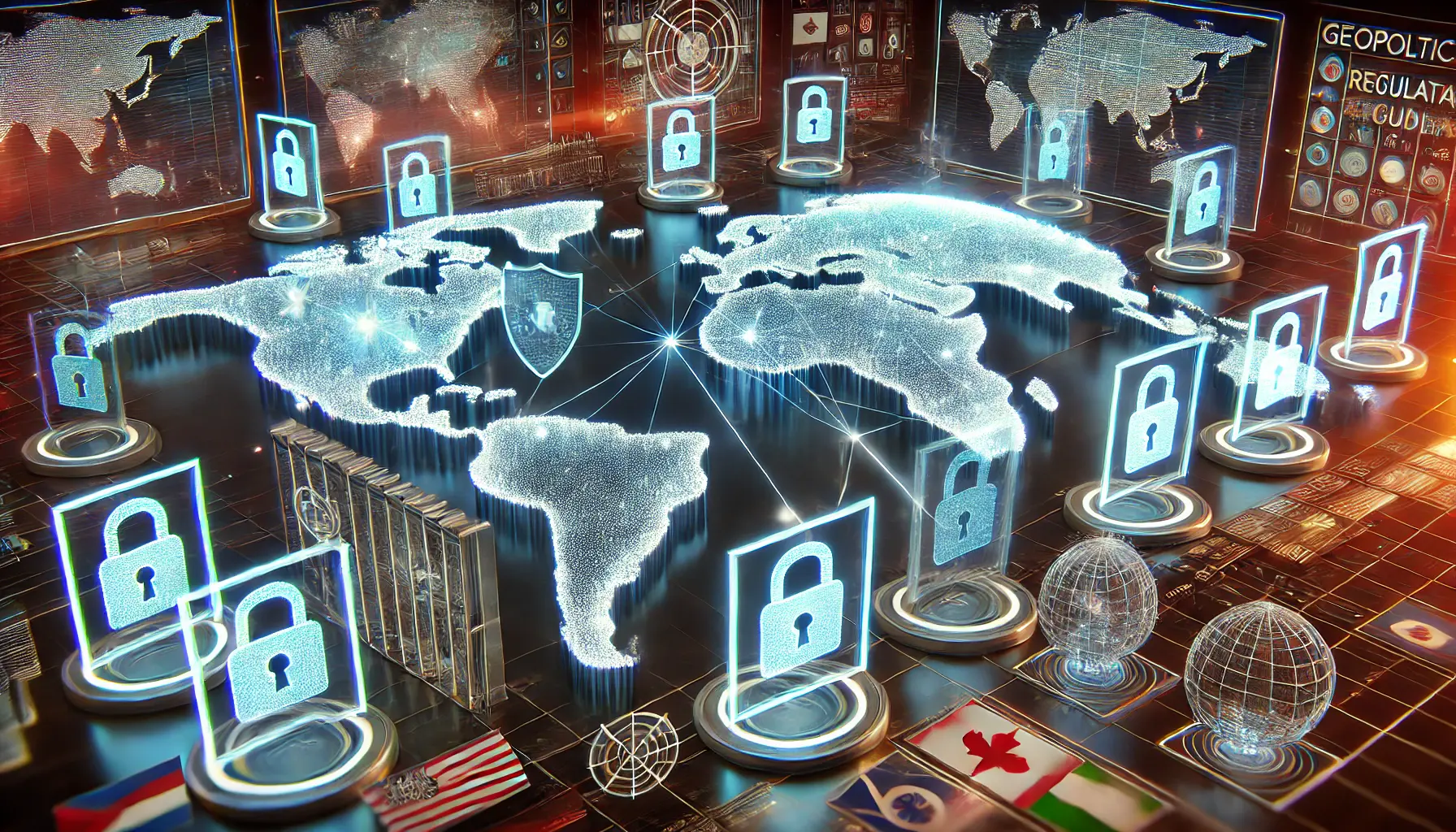 A futuristic visualization showing digital barriers and borders across a world map, representing geopolitical and regulatory challenges in AI adoption.