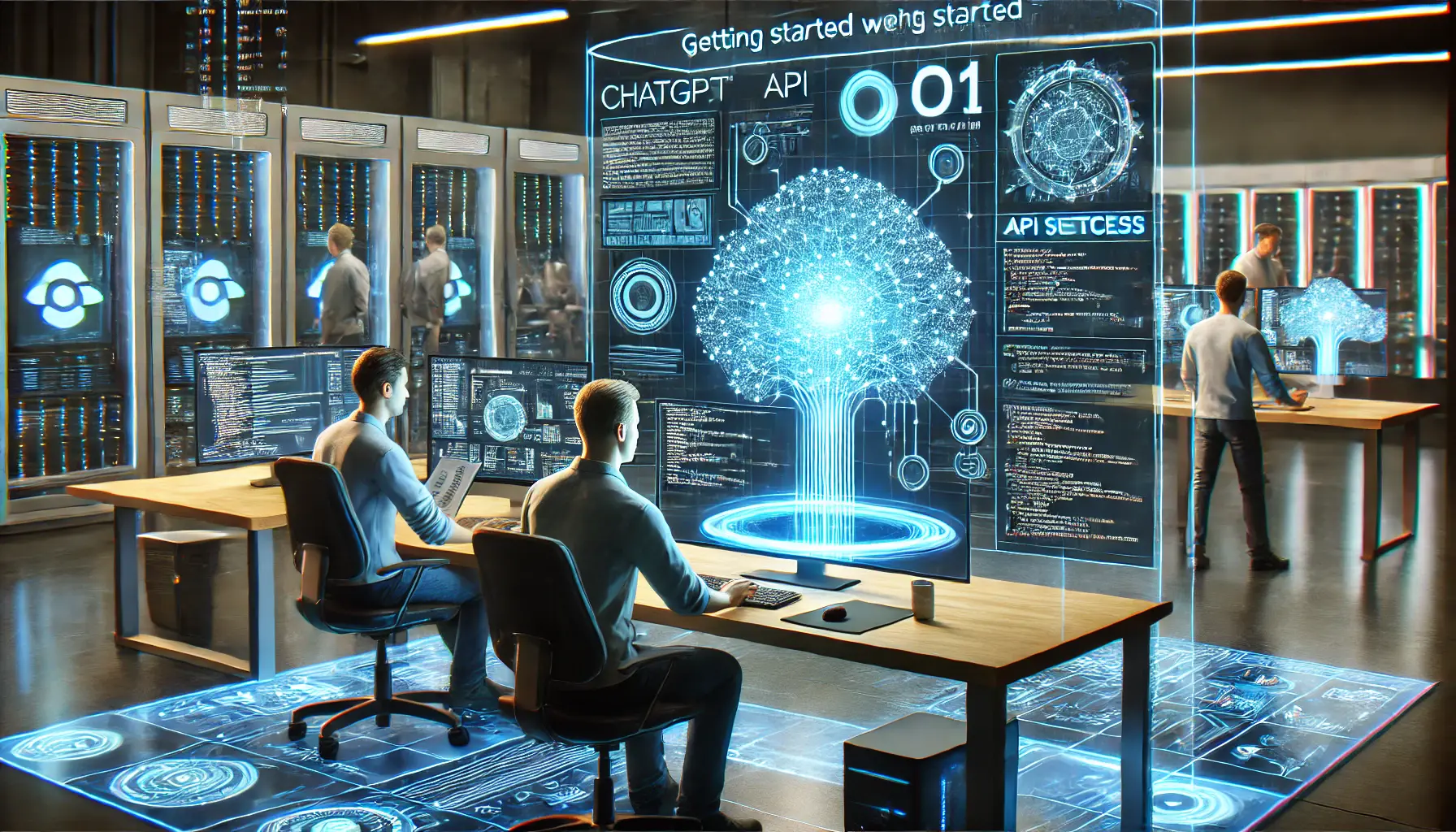 A high-tech workspace where engineers are setting up the ChatGPT o1 API, featuring holographic interfaces and system configuration.