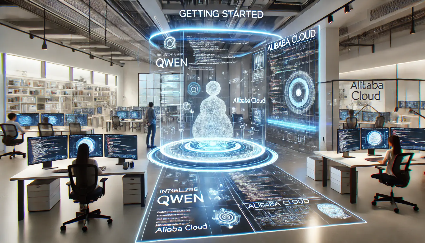 A high-tech workspace where developers are configuring Qwen’s model on holographic screens, setting up machine learning and natural language processing.