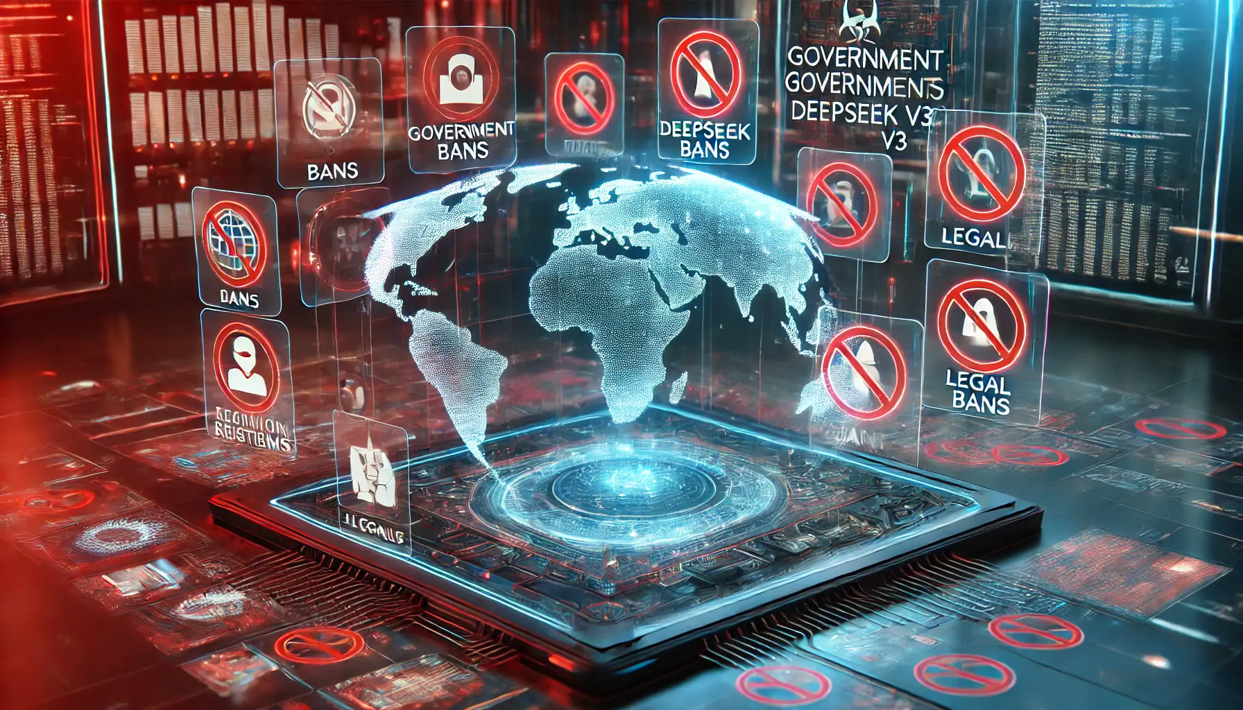 A digital map of the world with highlighted regions symbolizing government bans and restrictions on AI systems, with holographic shields and legal icons.