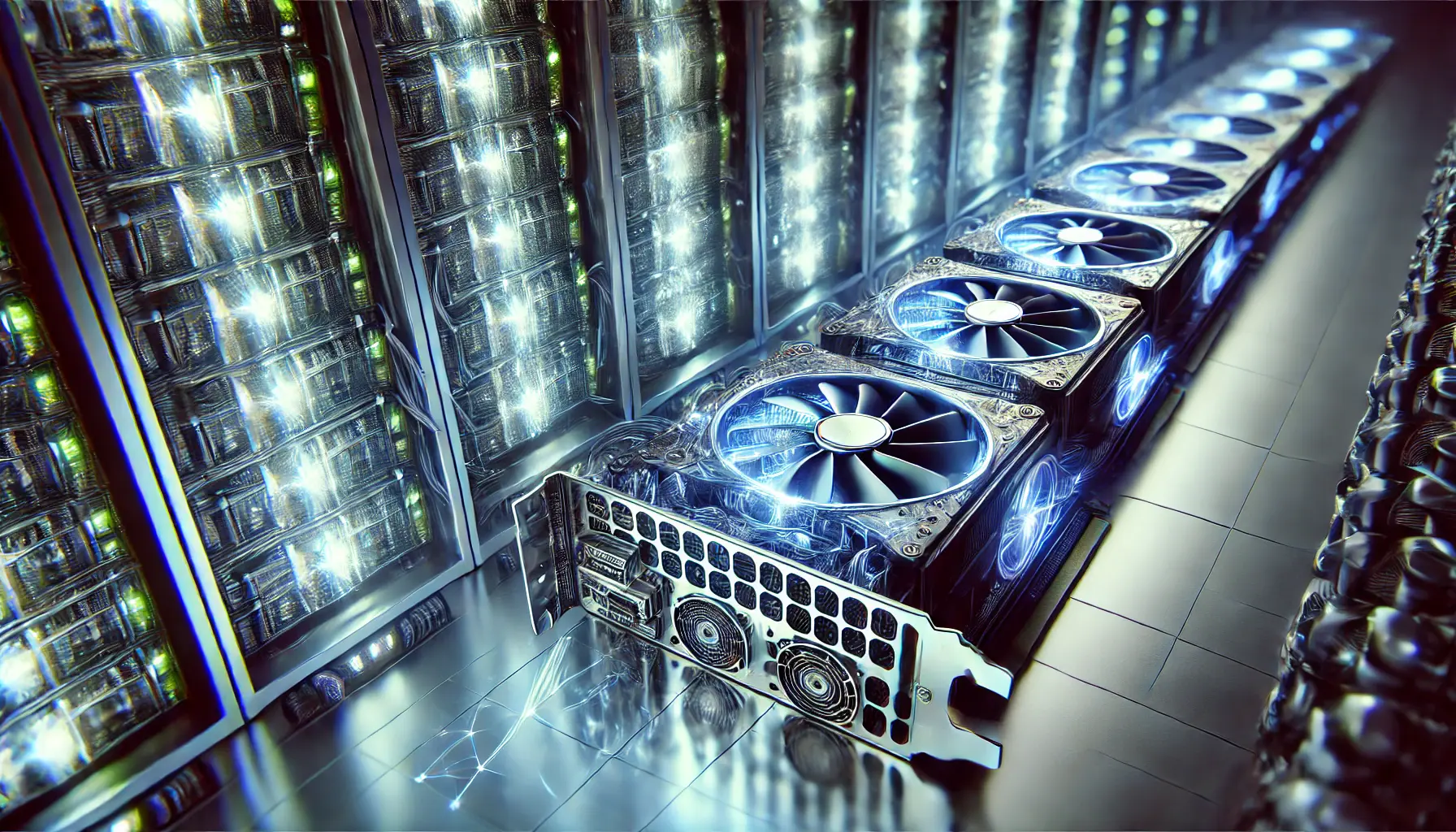 A high-tech close-up of multiple powerful GPUs in a futuristic server rack, glowing blue and actively processing AI computations with intricate circuitry and cooling fans.