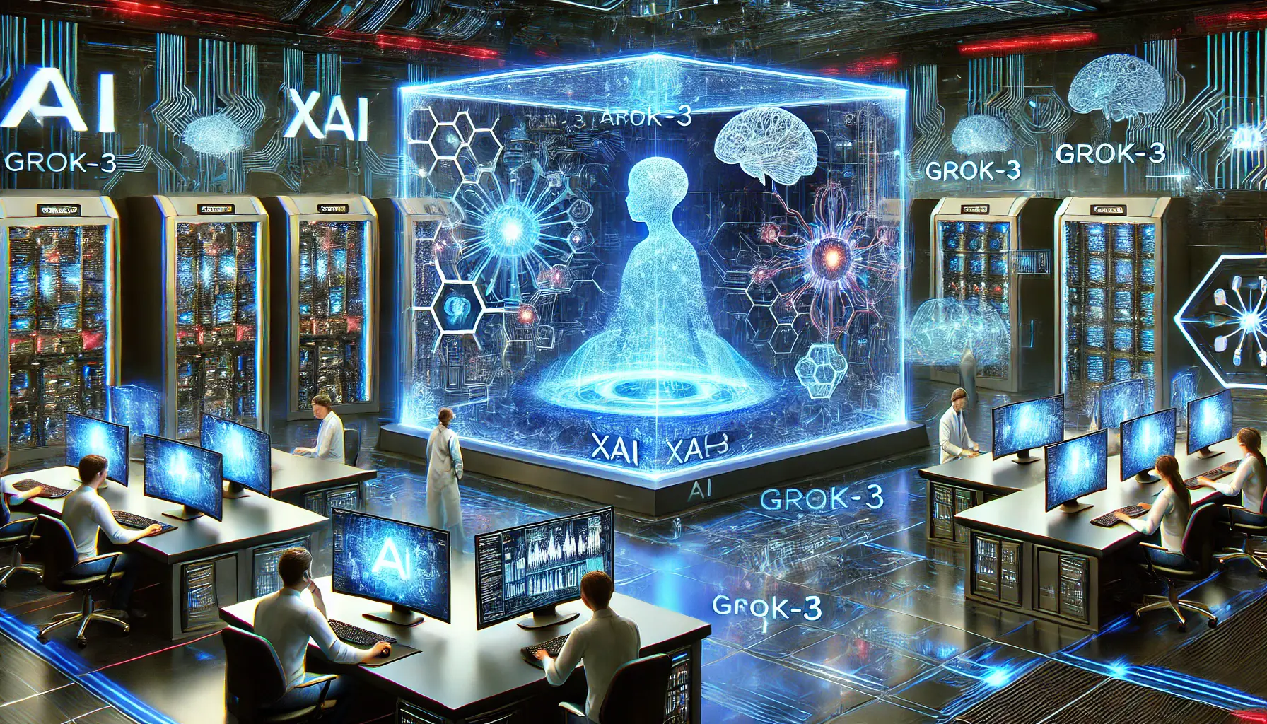 A futuristic AI-powered control center with a massive supercomputer, glowing neural pathways, and holographic data analysis screens.