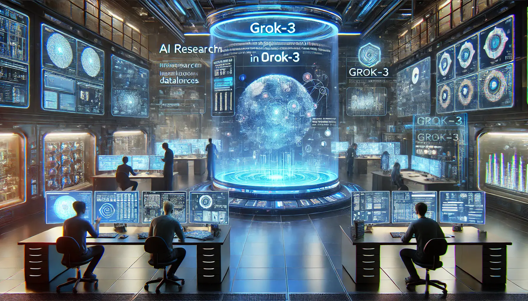 A futuristic AI research environment where engineers use Grok-3 to solve complex tasks, analyze large datasets, and run simulations.