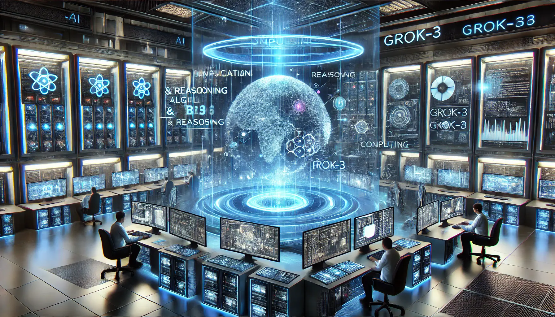 A futuristic AI control room where engineers interact with supercomputers running advanced reasoning algorithms and computational tasks for Grok-3.