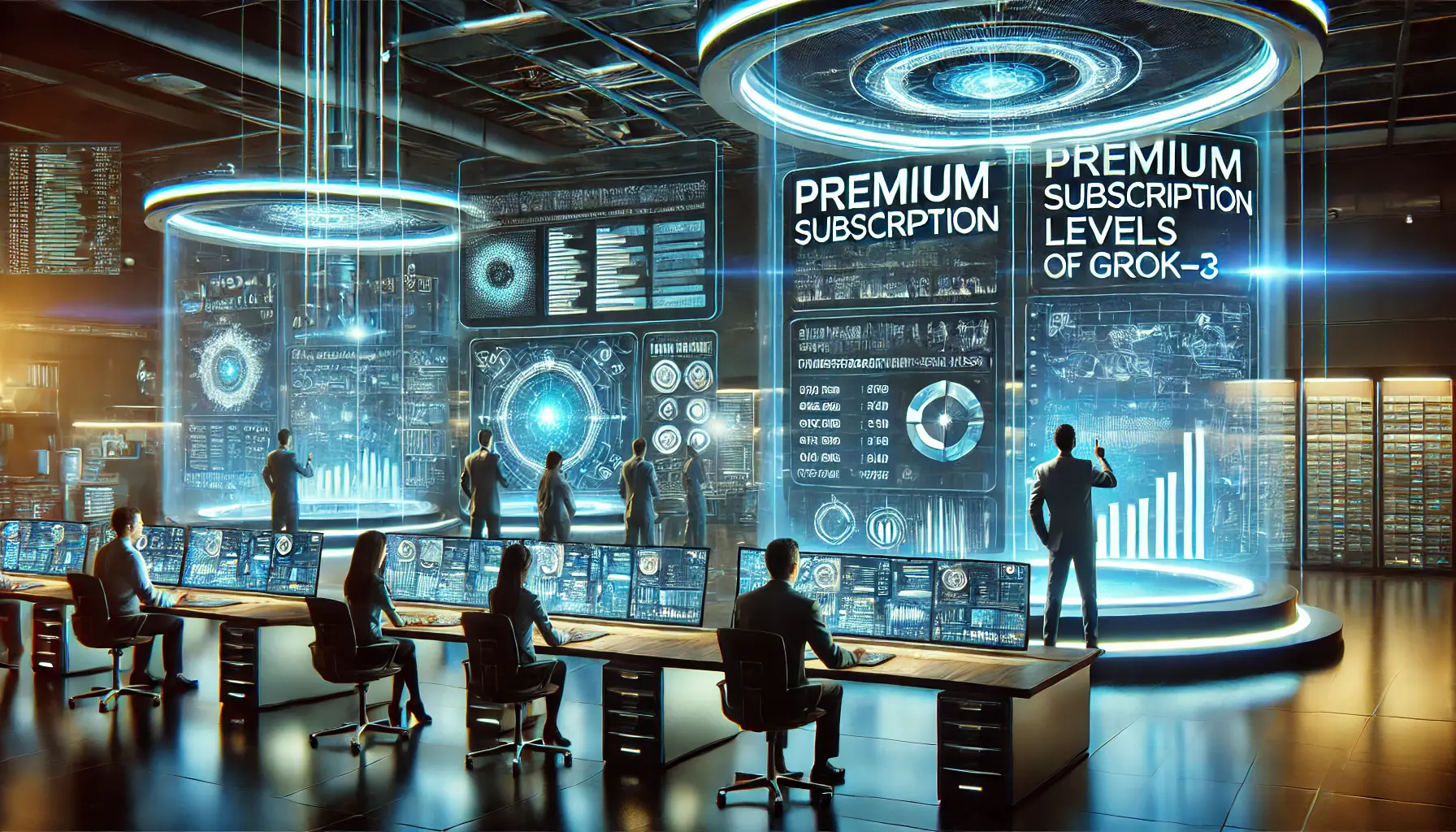 A futuristic office space where professionals analyze Grok-3's premium subscription levels, with holographic displays of pricing models and usage data.