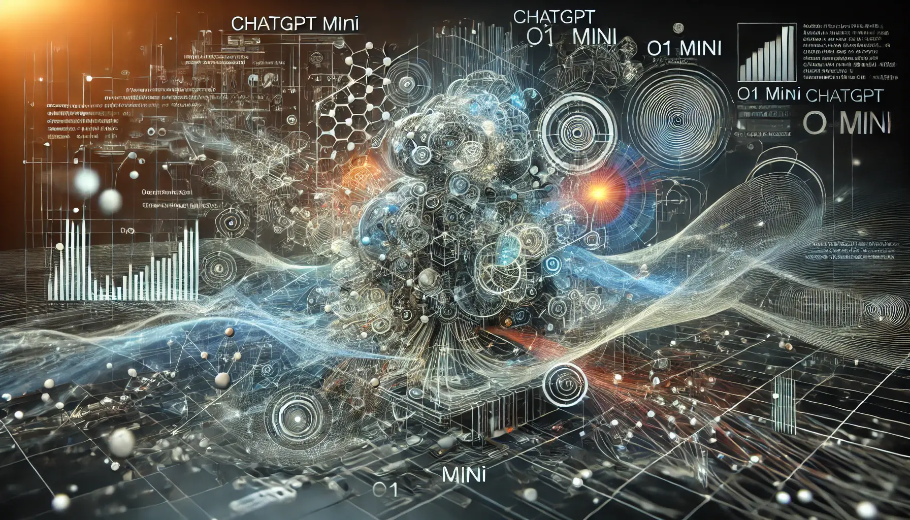 A futuristic digital visualization of ChatGPT o1 Mini processing complex linguistic structures, with intricate neural networks and abstract sentence structures.