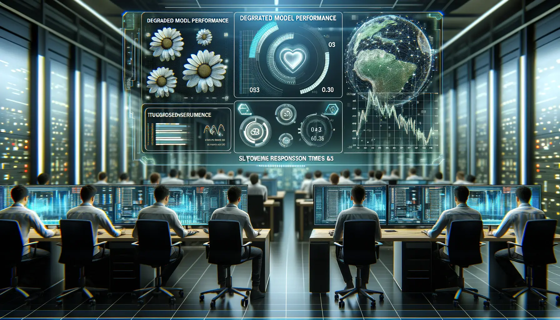 Engineers handling degraded model performance for ChatGPT o1 Mini, analyzing system performance and troubleshooting errors in a high-tech workspace.