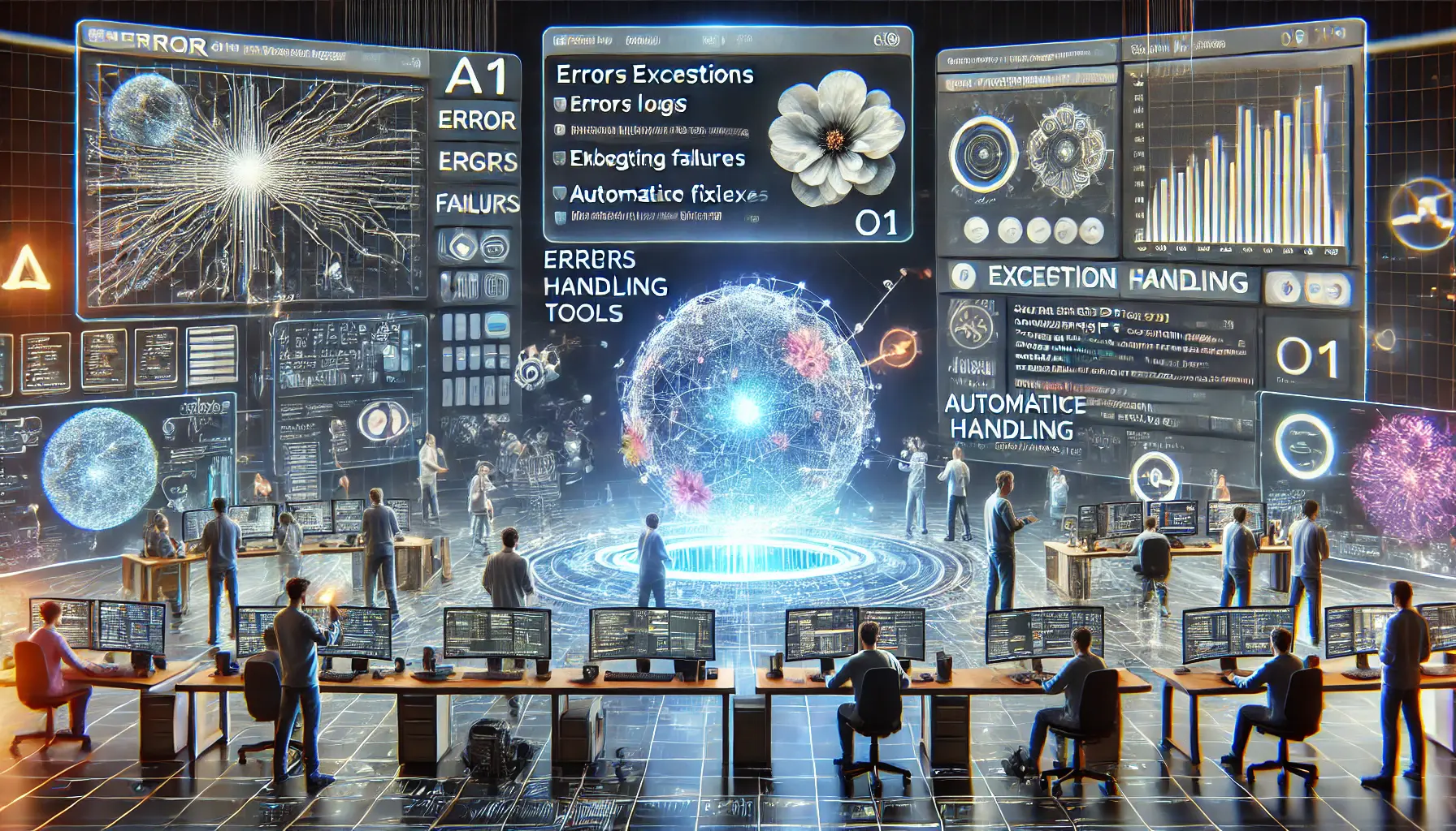 Engineers monitoring error logs and debugging during the integration of ChatGPT o1, handling errors and exceptions in real-time.