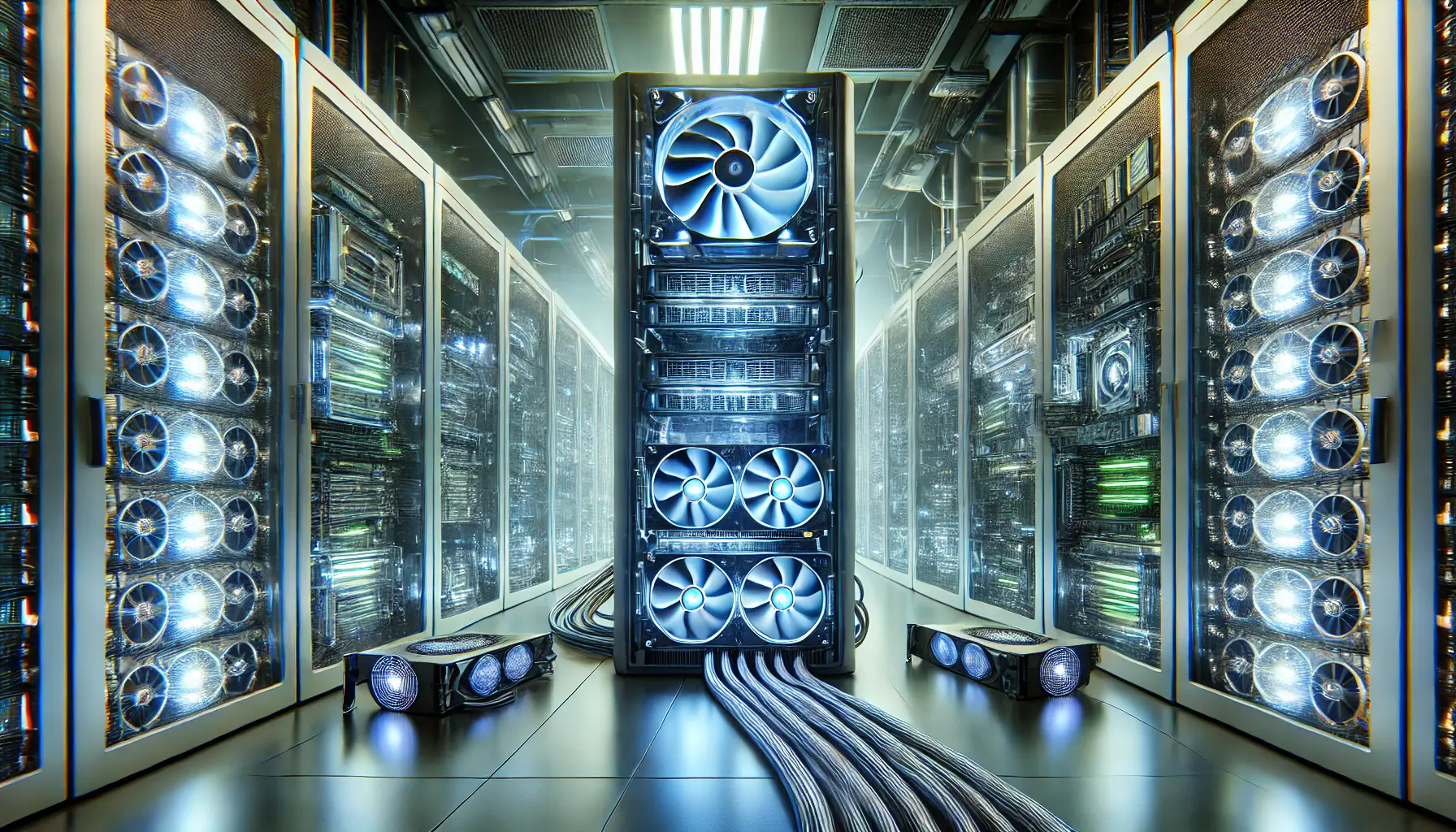 A futuristic data center with high-performance GPUs, glowing cooling systems, and interconnected high-speed data cables, representing AI hardware and infrastructure requirements.