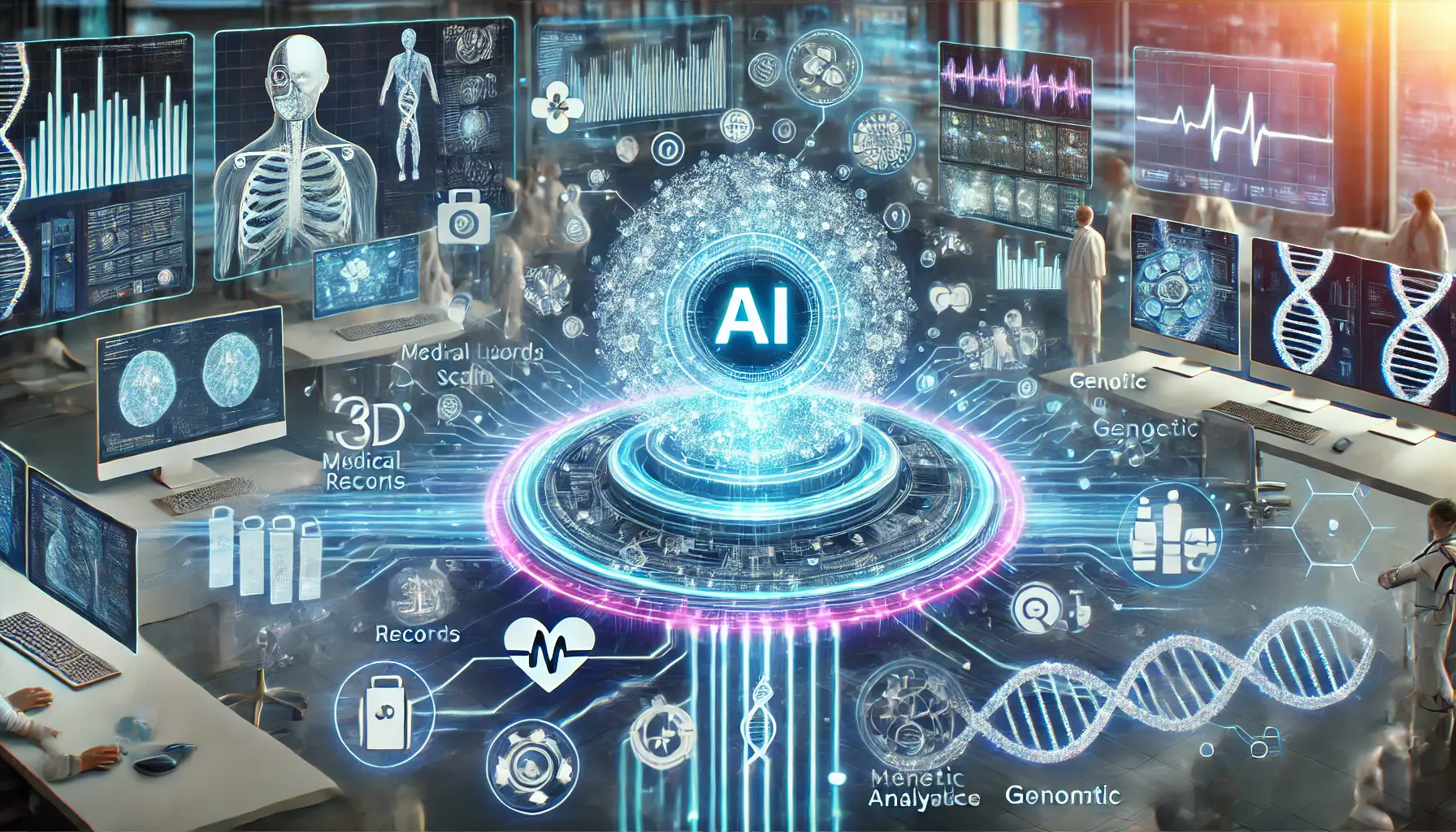 A futuristic visualization of AI applications in healthcare, with medical data, imaging, and genomic sequences being analyzed by AI.