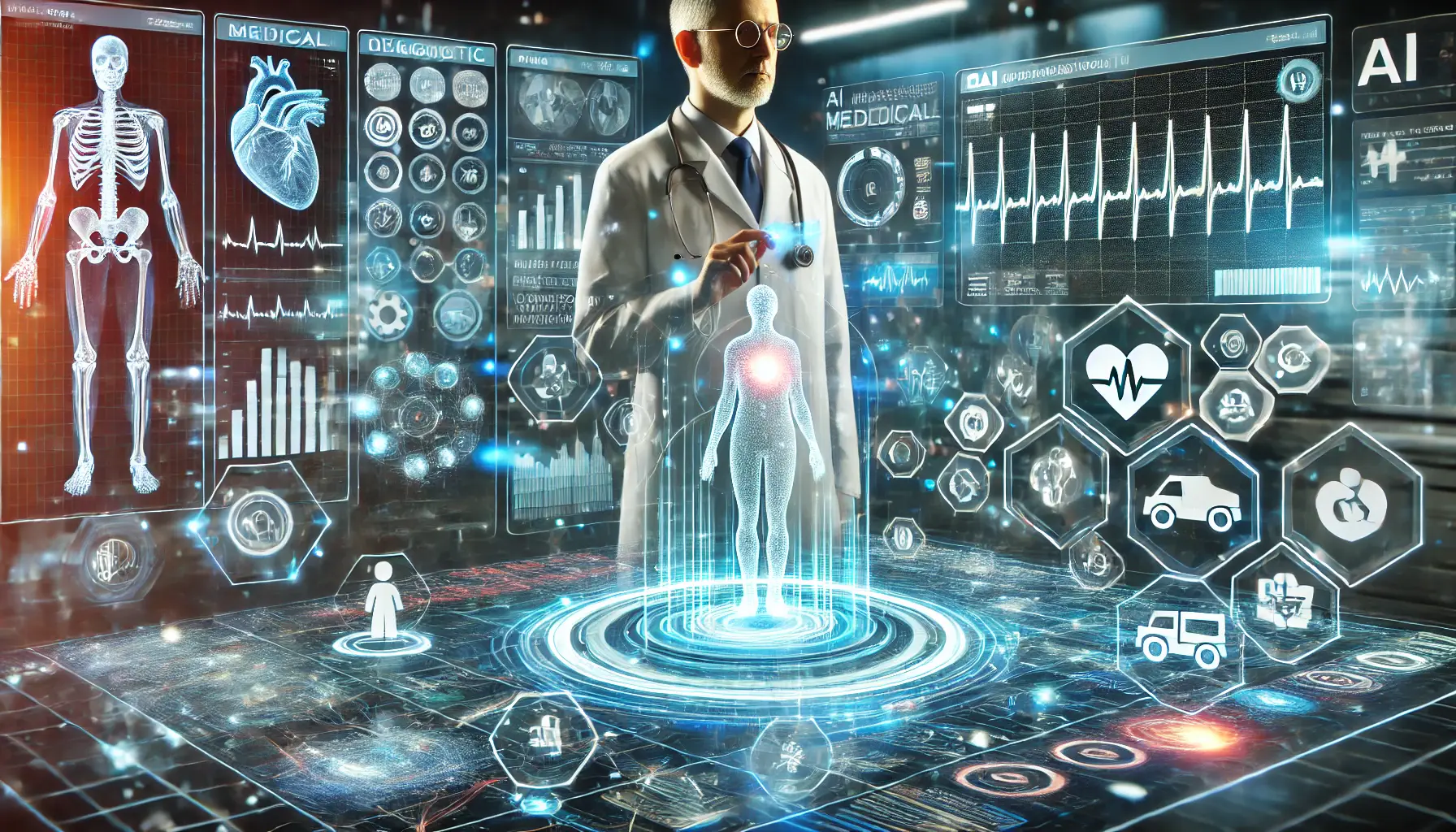 A futuristic healthcare environment with a doctor interacting with a holographic display of medical data, including diagnostic images, health metrics, and treatment options. AI analyzes data for decision-making in medical procedures.