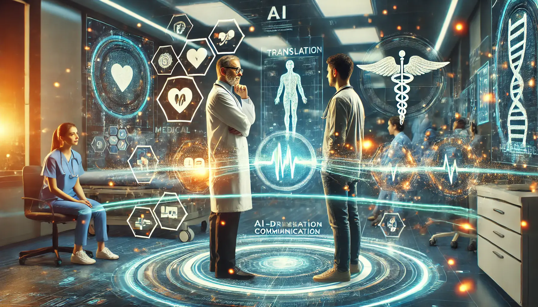 A digital representation of healthcare communication powered by AI, with medical professionals and patients interacting through translation tools.