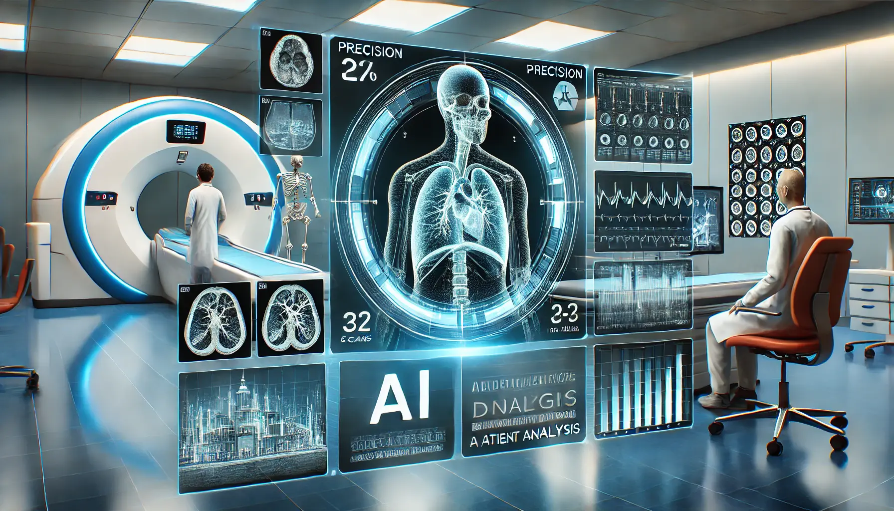 A futuristic healthcare diagnostic interface analyzing medical imaging such as CT scans and X-rays, with AI algorithms identifying areas of concern for accurate diagnosis.