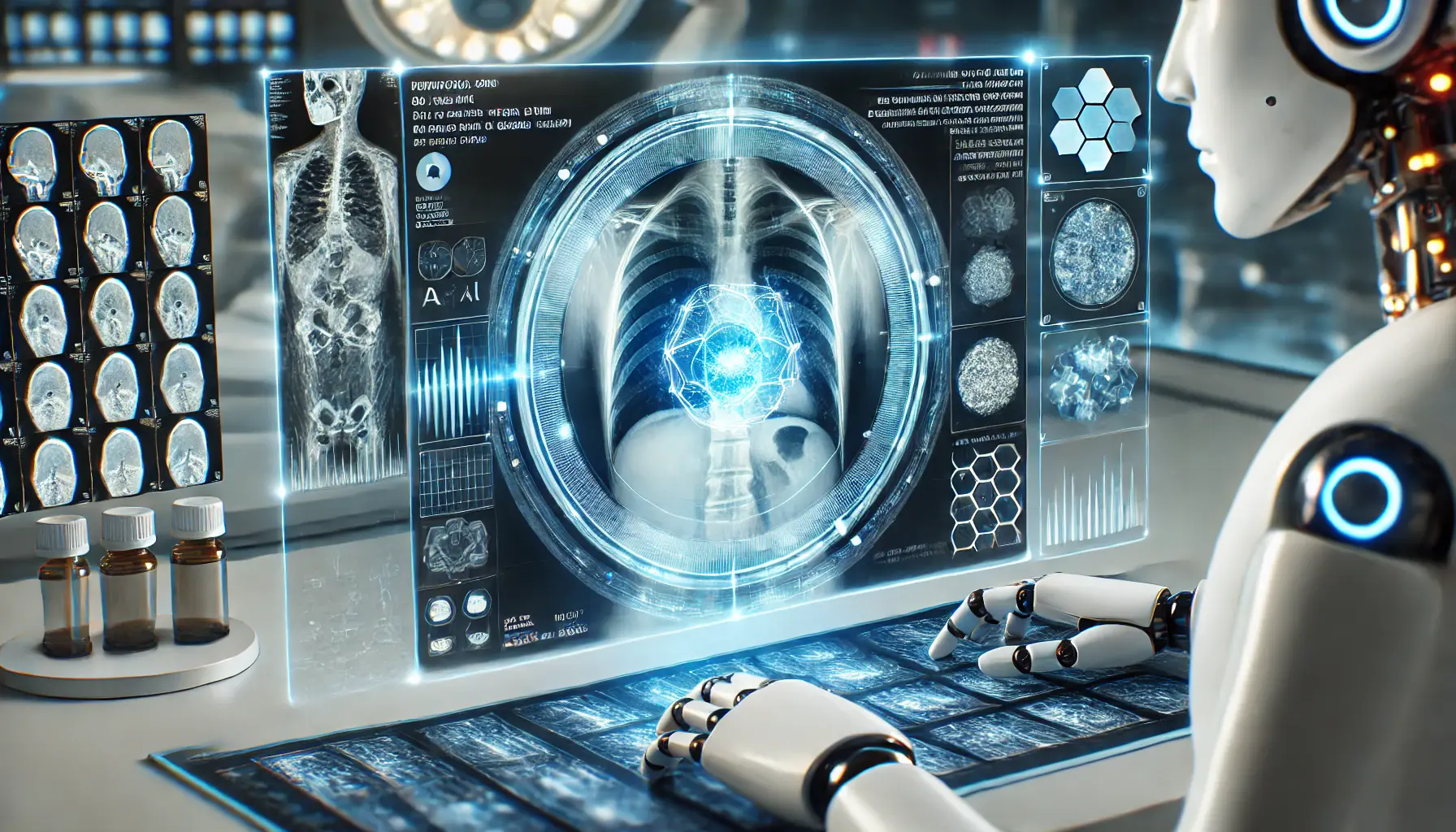 A futuristic AI interface analyzing a medical image such as an X-ray or MRI scan, with highlighted areas indicating potential anomalies like tumors or fractures.