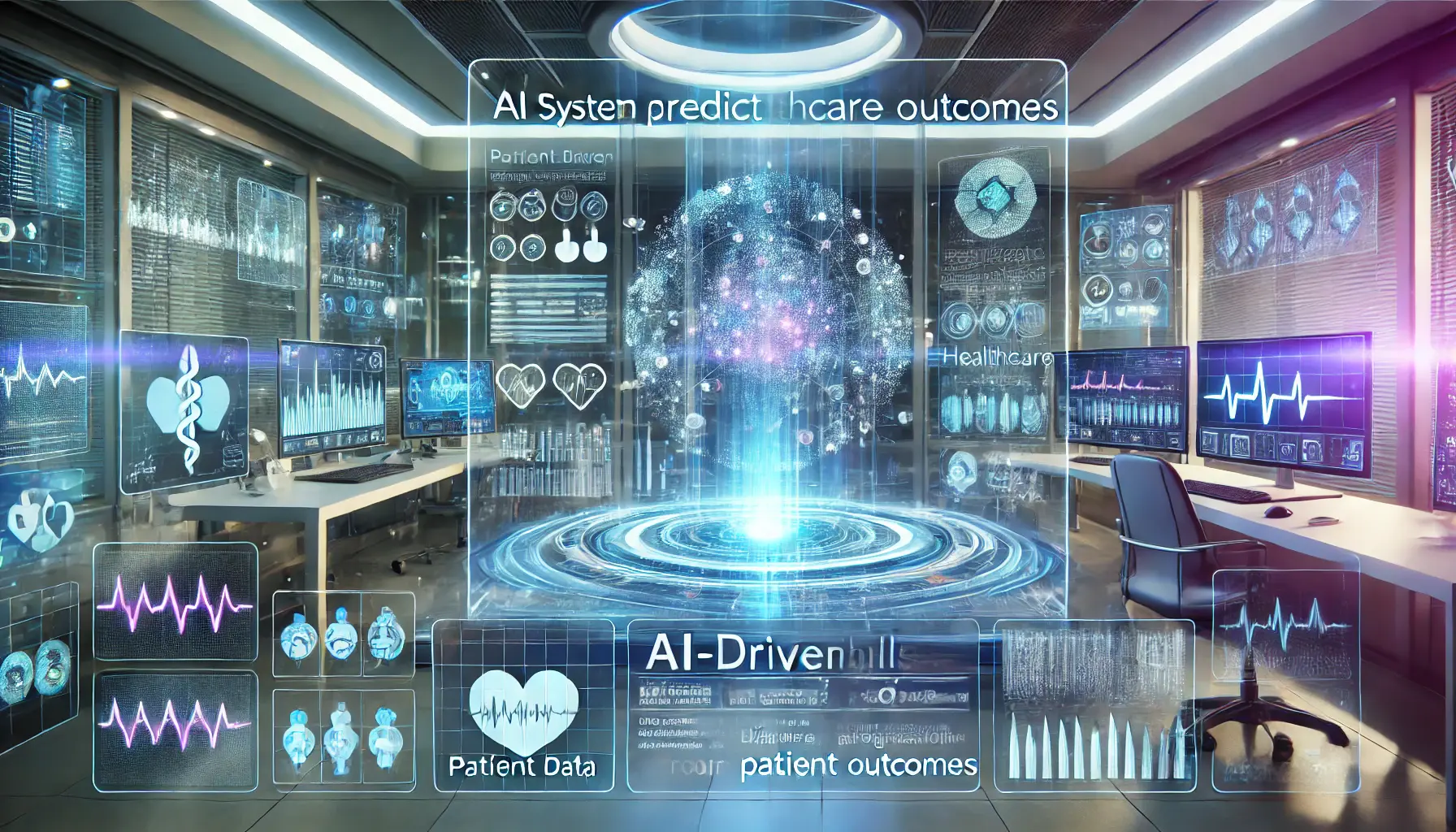 A futuristic AI system predicting healthcare outcomes with holographic displays showing patient data, healthcare trends, and predictive models.