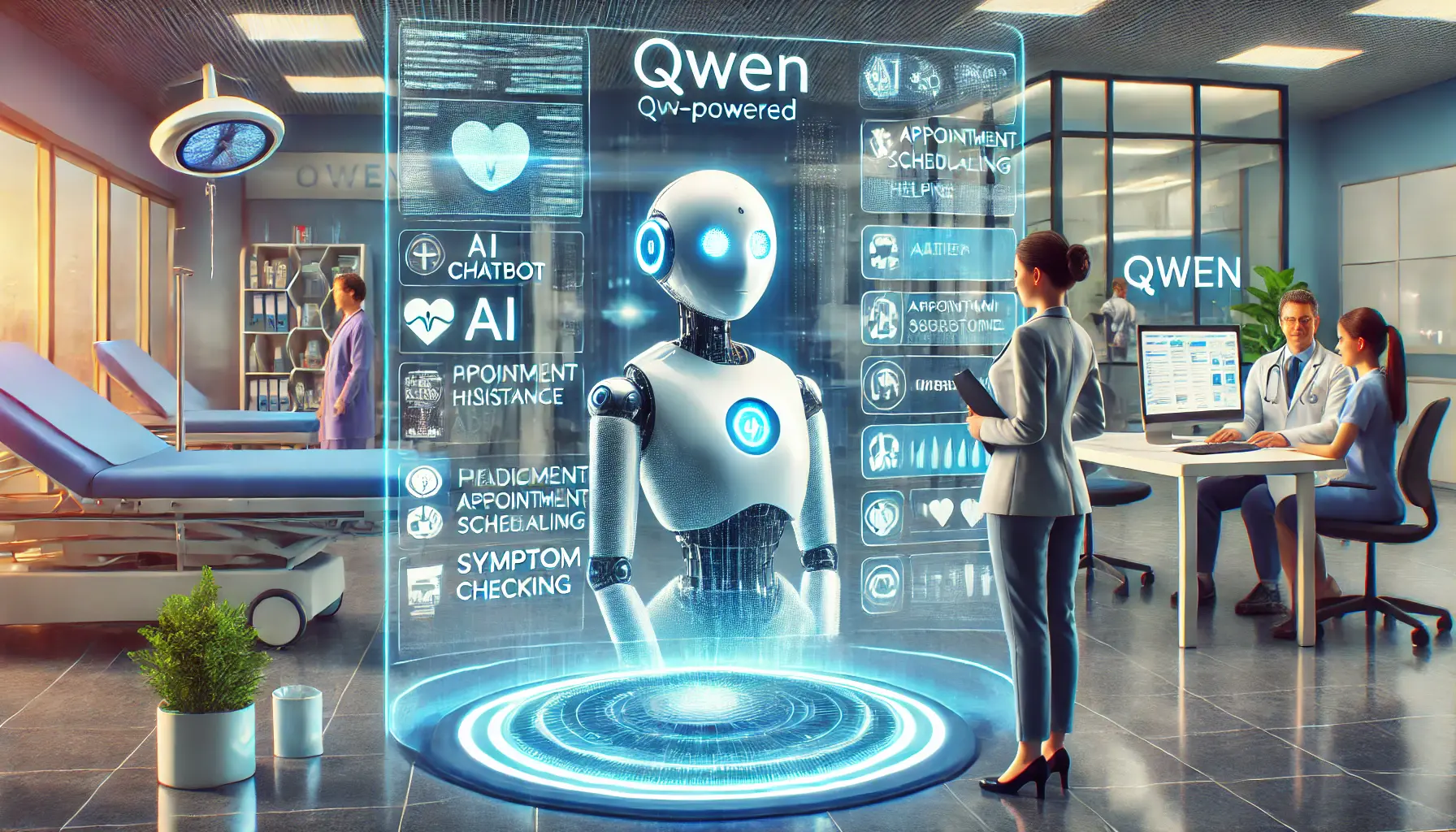 A Qwen-powered AI virtual assistant assisting a patient in a healthcare setting, providing medical advice, appointment scheduling, and symptom checking.