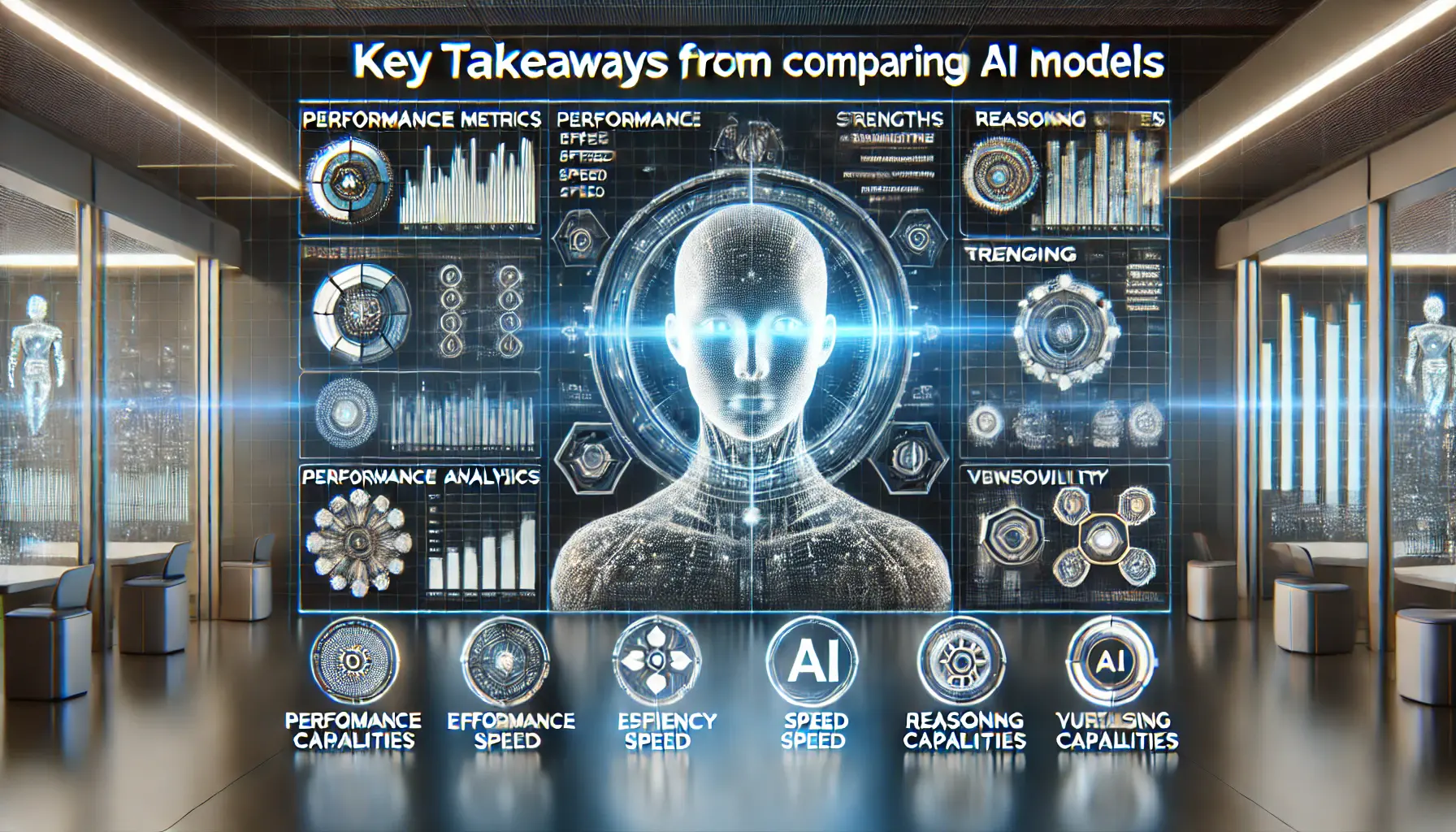 A high-tech environment with holographic displays showing performance metrics, strengths, and unique features of AI models.