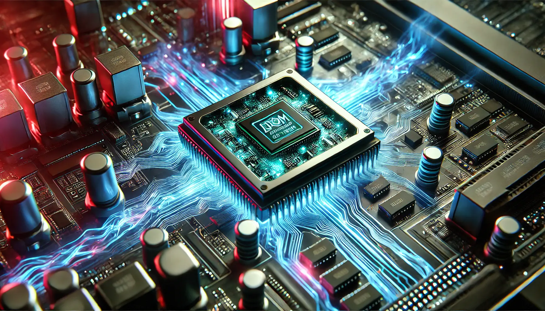 A futuristic AI processor with glowing circuitry embedded in a high-tech motherboard, surrounded by holographic data streams.