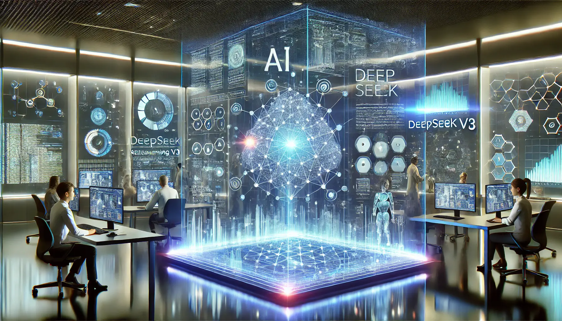 A futuristic AI research lab with holographic data streams and neural network visualizations, showcasing predictive analytics.