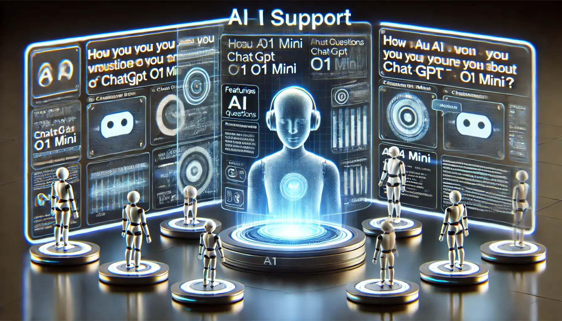 A high-tech AI environment with holographic displays answering user queries about ChatGPT o1 mini, showcasing its features, performance, and use cases.