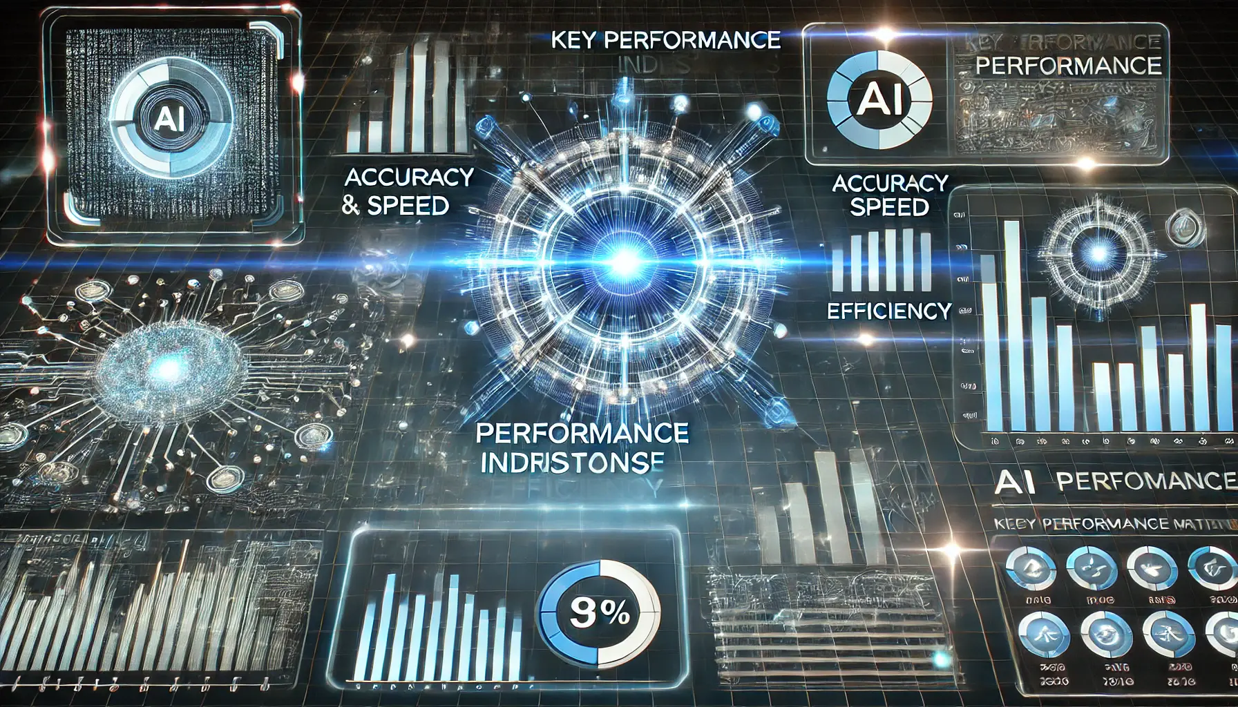 A glowing digital dashboard featuring interactive charts and graphs representing AI performance metrics like accuracy, speed, and efficiency.