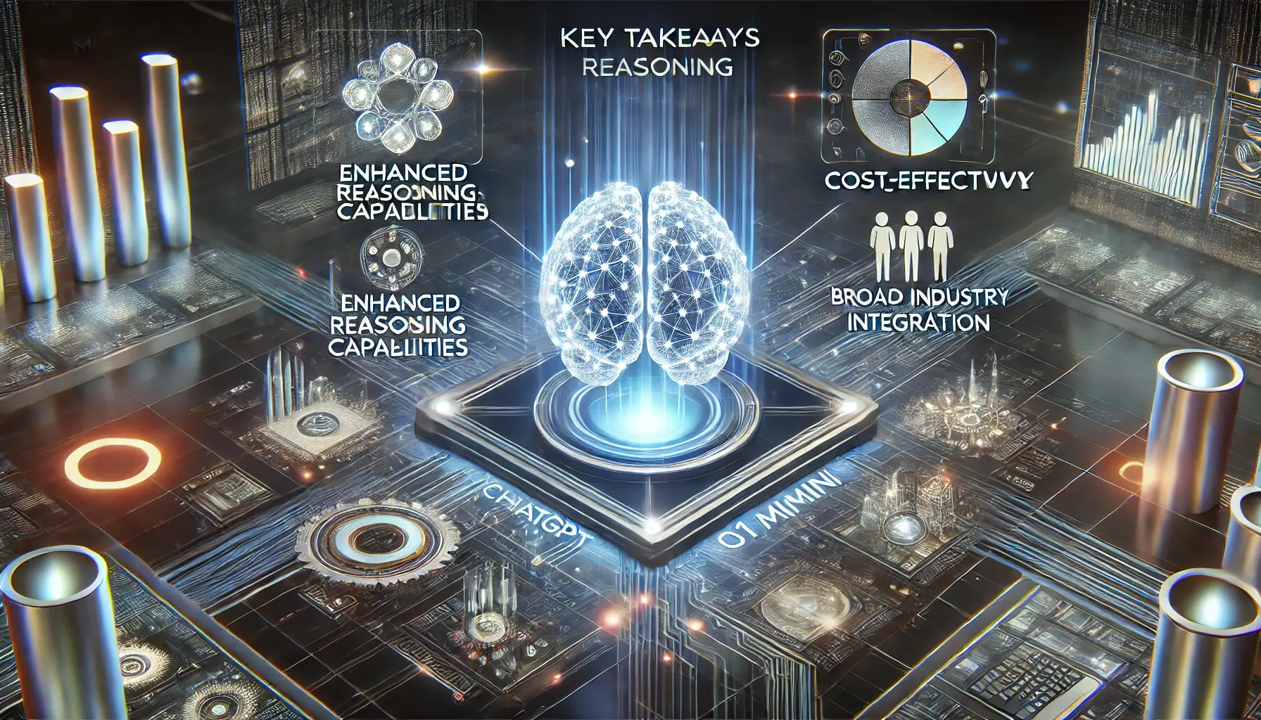 A glowing AI brain surrounded by holographic displays representing key advancements such as enhanced reasoning, cost-effectiveness, and industry integration.