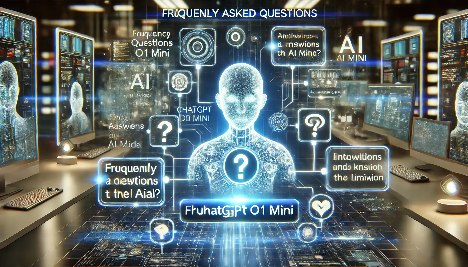 A glowing AI model surrounded by floating, interactive holographic displays of questions and answers about AI capabilities and features.